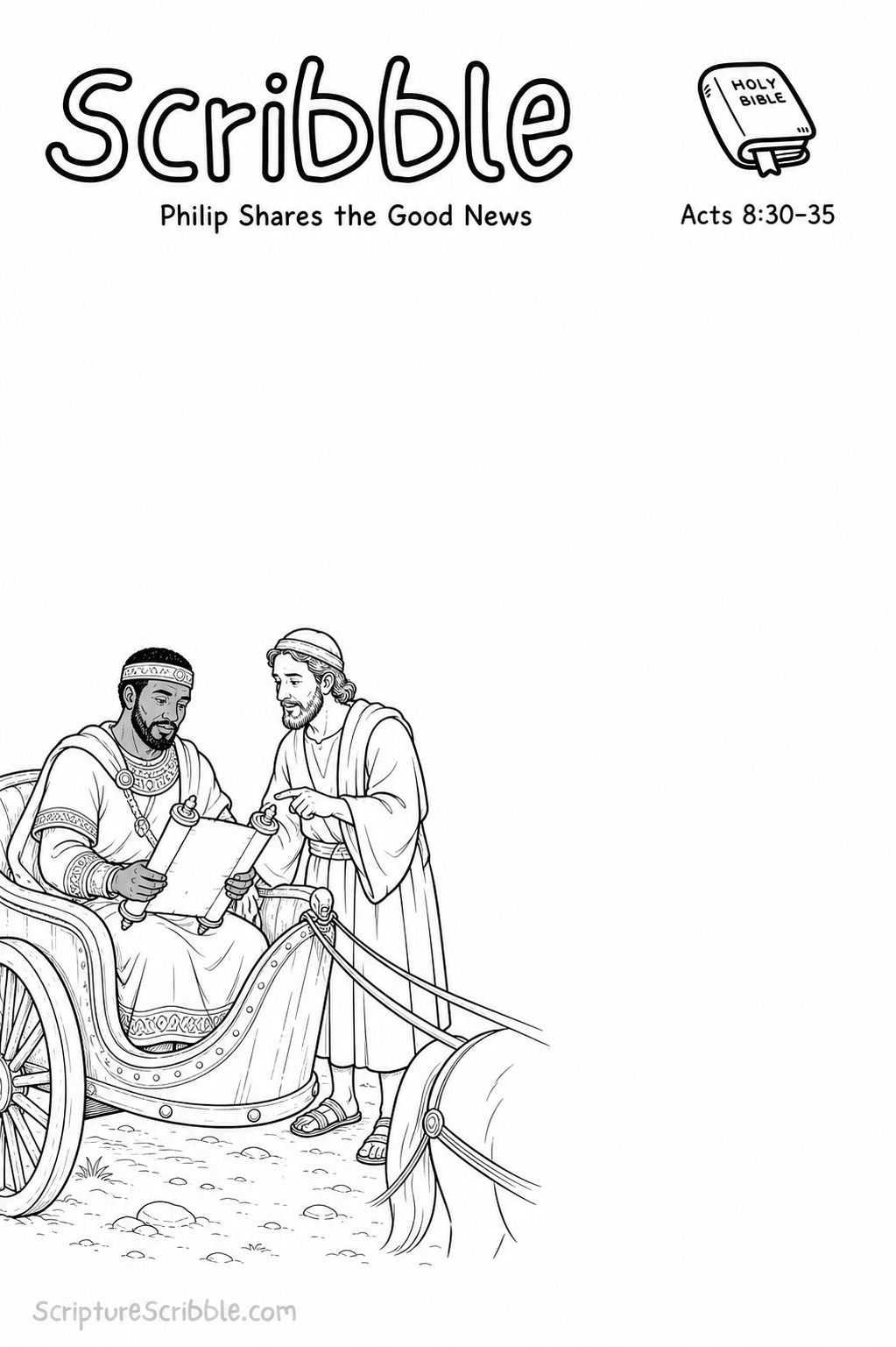 Black-and-white Acts 8:30–35 Scribble printable showing the Ethiopian court official reading a scroll as Philip speaks beside his chariot.