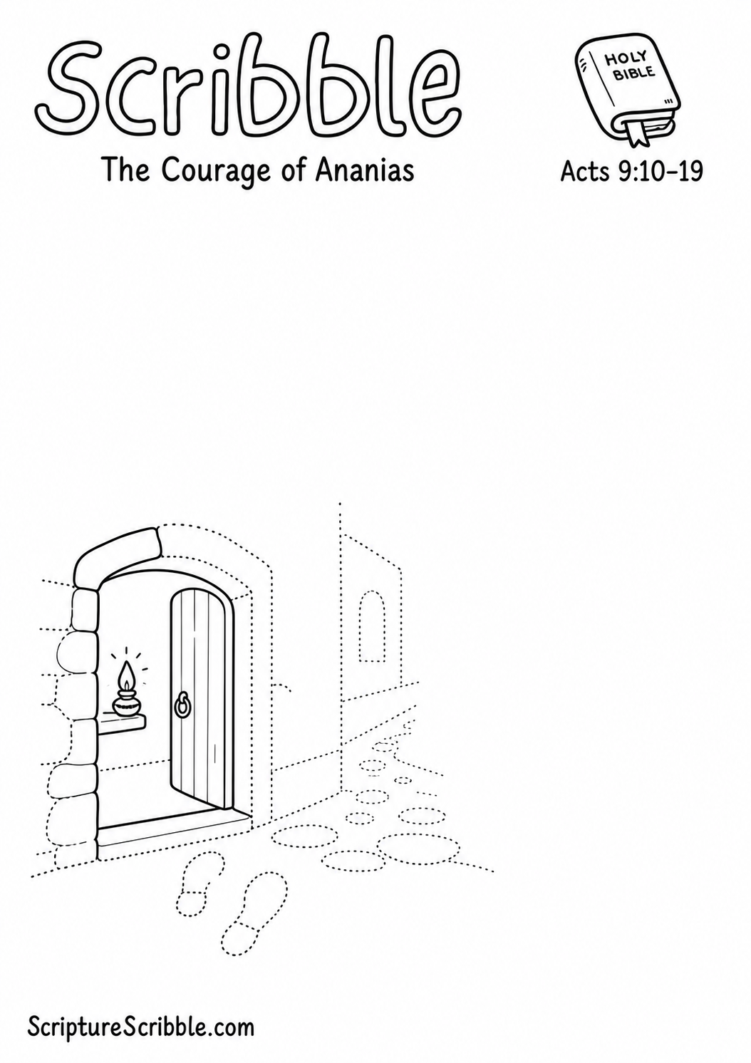 Black-and-white Acts 9:10–19 devotional drawing printable titled The Courage of Ananias, with an incomplete open doorway, lamp and unfinished street scene to finish