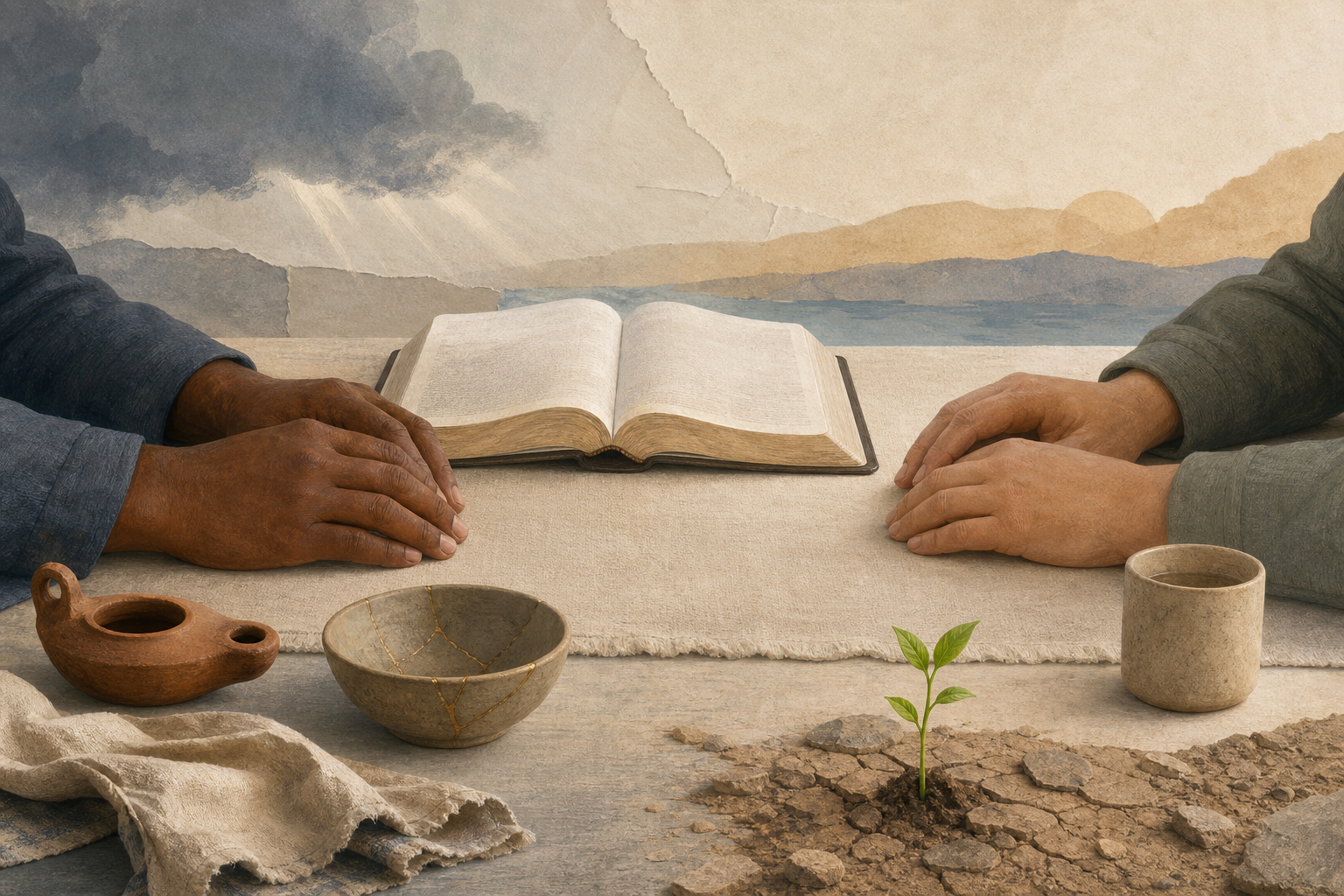 Two people sit with an open Bible, mended bowl, clay lamp and green shoot emerging from dry ground.