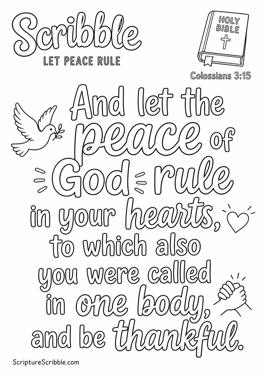 Preview of Colossians 3:15 Let Peace Rule Scripture Typography Colouring Page Printable