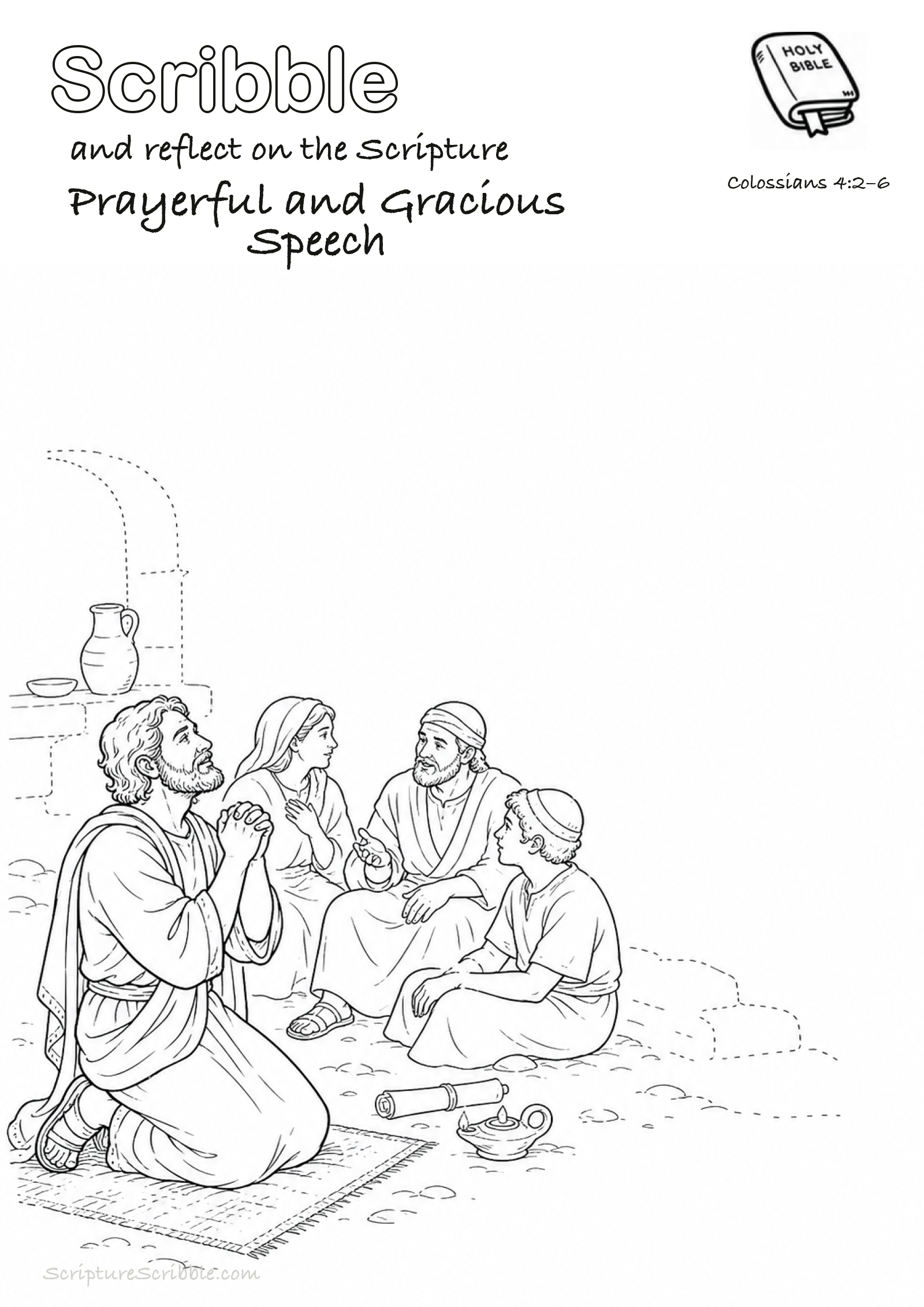 Preview of Colossians 4:2–6 Prayerful and Gracious Speech Devotional Drawing Page Printable