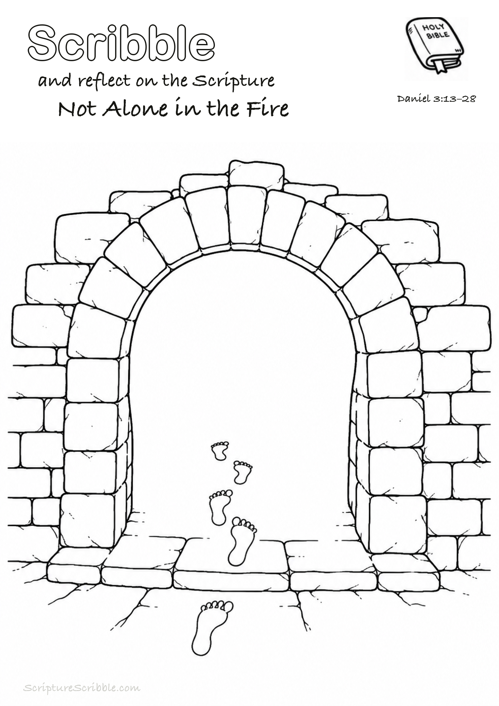 Black-and-white Daniel 3:13–28 devotional drawing page titled Not Alone in the Fire, with a branded header, Bible reference and unfinished Bible scene.
