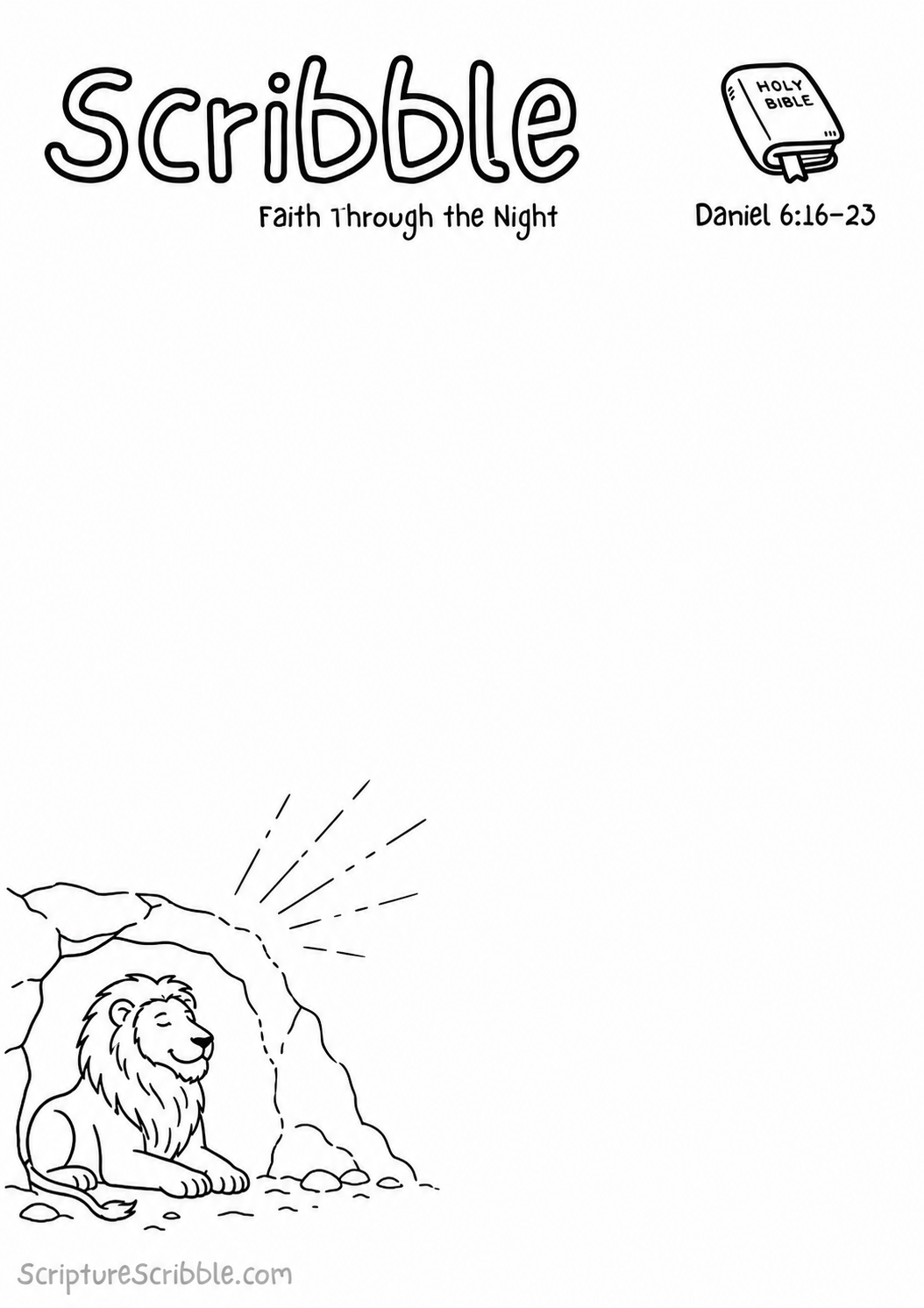 Black-and-white Daniel 6:16–23 devotional drawing printable titled Faith Through the Night, with an incomplete lions’ den and unfinished dawn light scene to finish