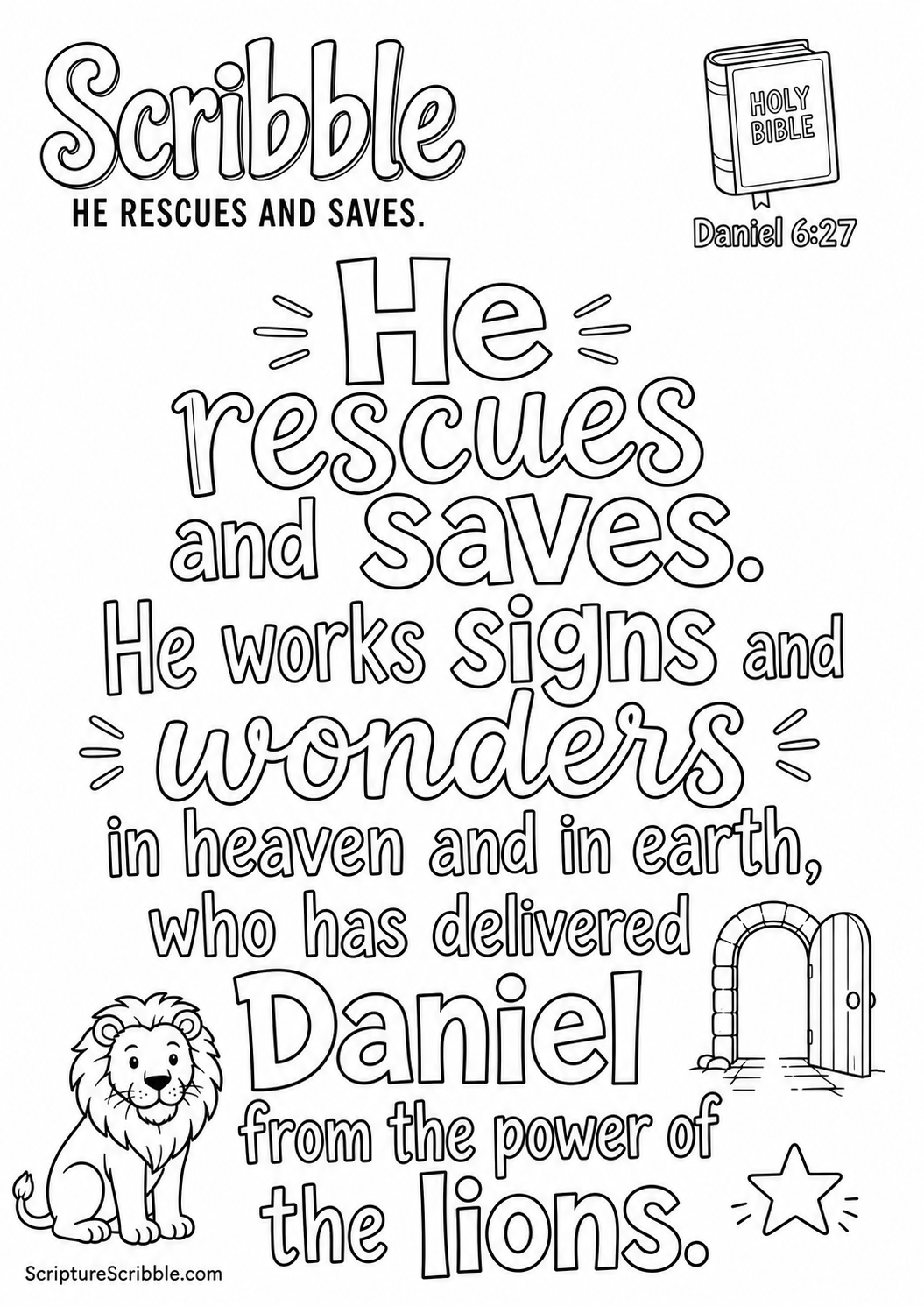 Black-and-white Daniel 6:27 Scripture typography colouring page with the verse in large, clear outlined lettering.
