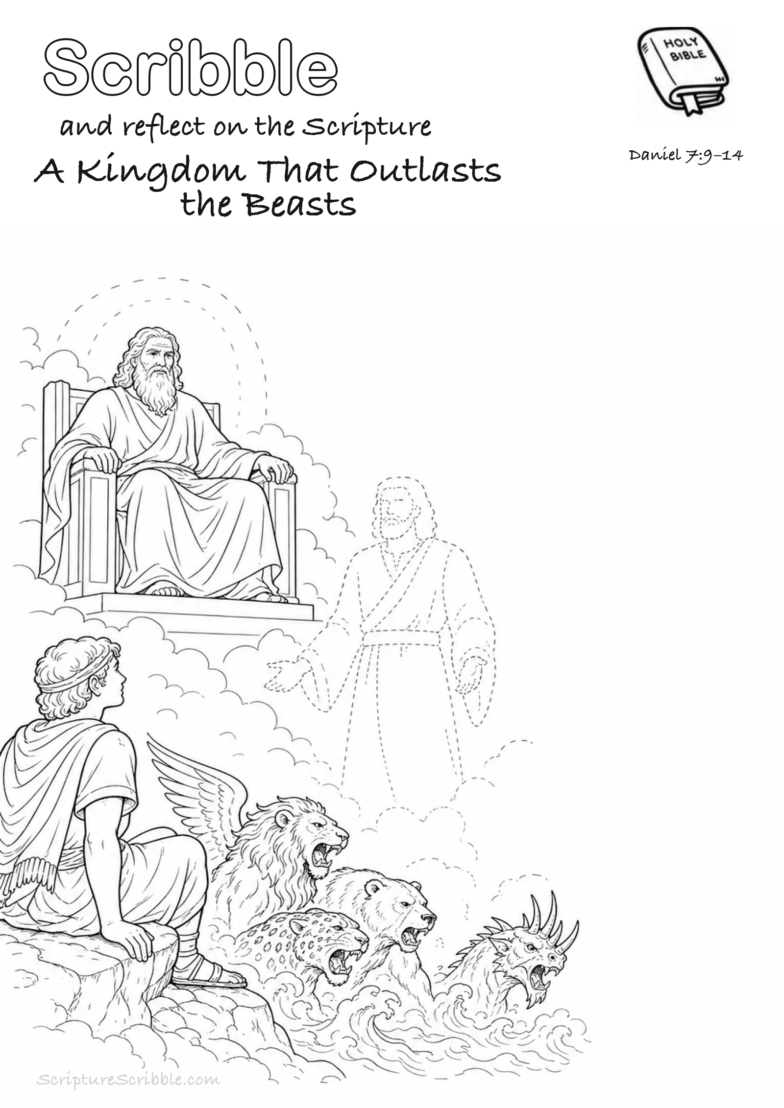 Preview of Daniel 7:9–14 A Kingdom That Outlasts the Beasts Devotional Drawing Page Printable