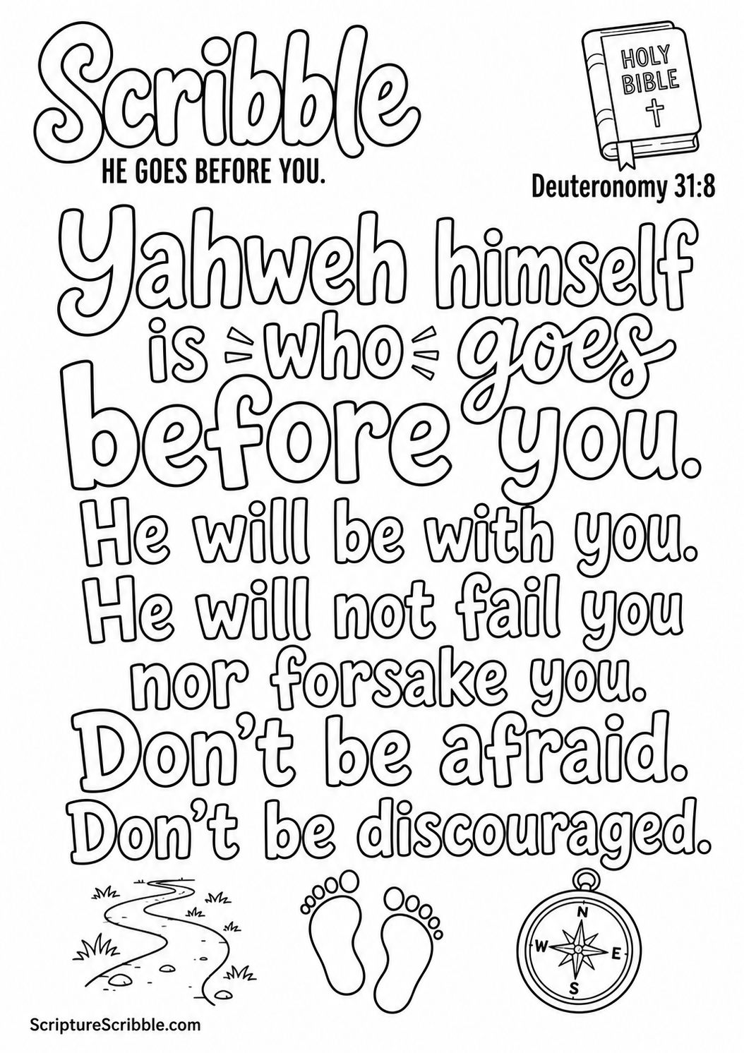 Black-and-white Deuteronomy 31:8 Scripture typography colouring page with the verse in large, clear outlined lettering.