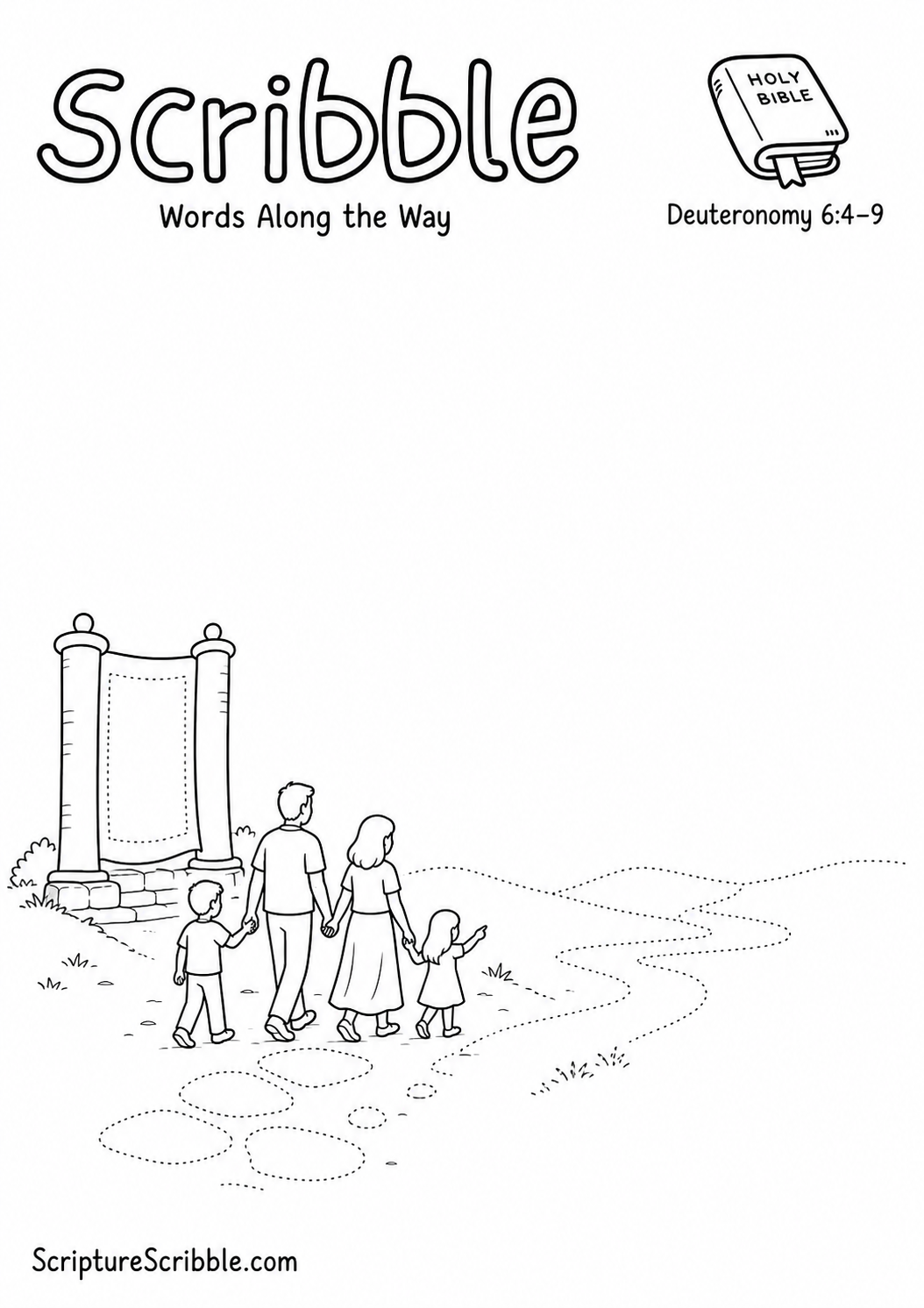Black-and-white Deuteronomy 6:4–9 devotional drawing printable titled Words Along the Way, with an incomplete family path, doorway scroll and unfinished stepping stones scene to finish
