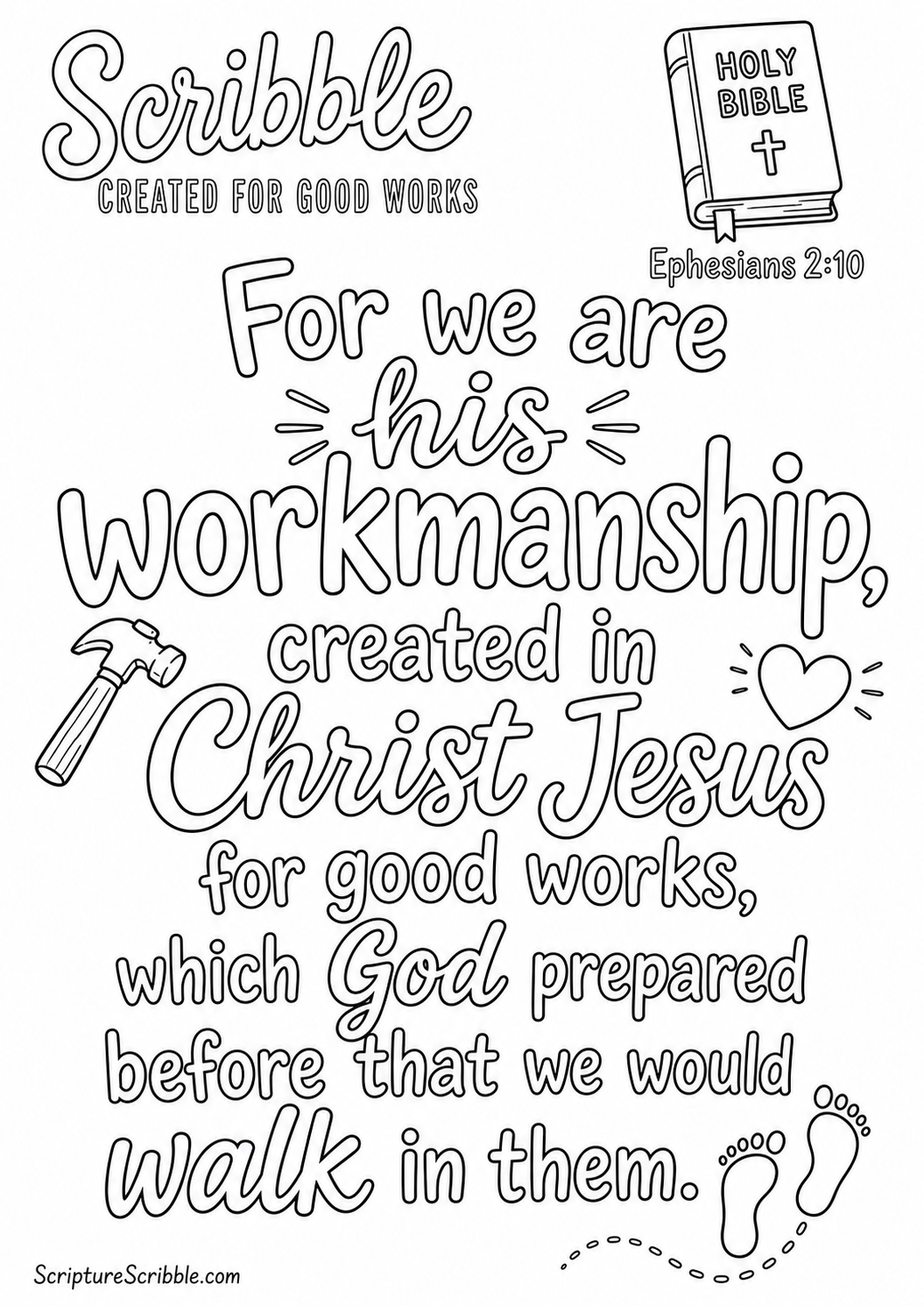 Preview of Ephesians 2:10 Created for Good Works Scripture Typography Colouring Page Printable