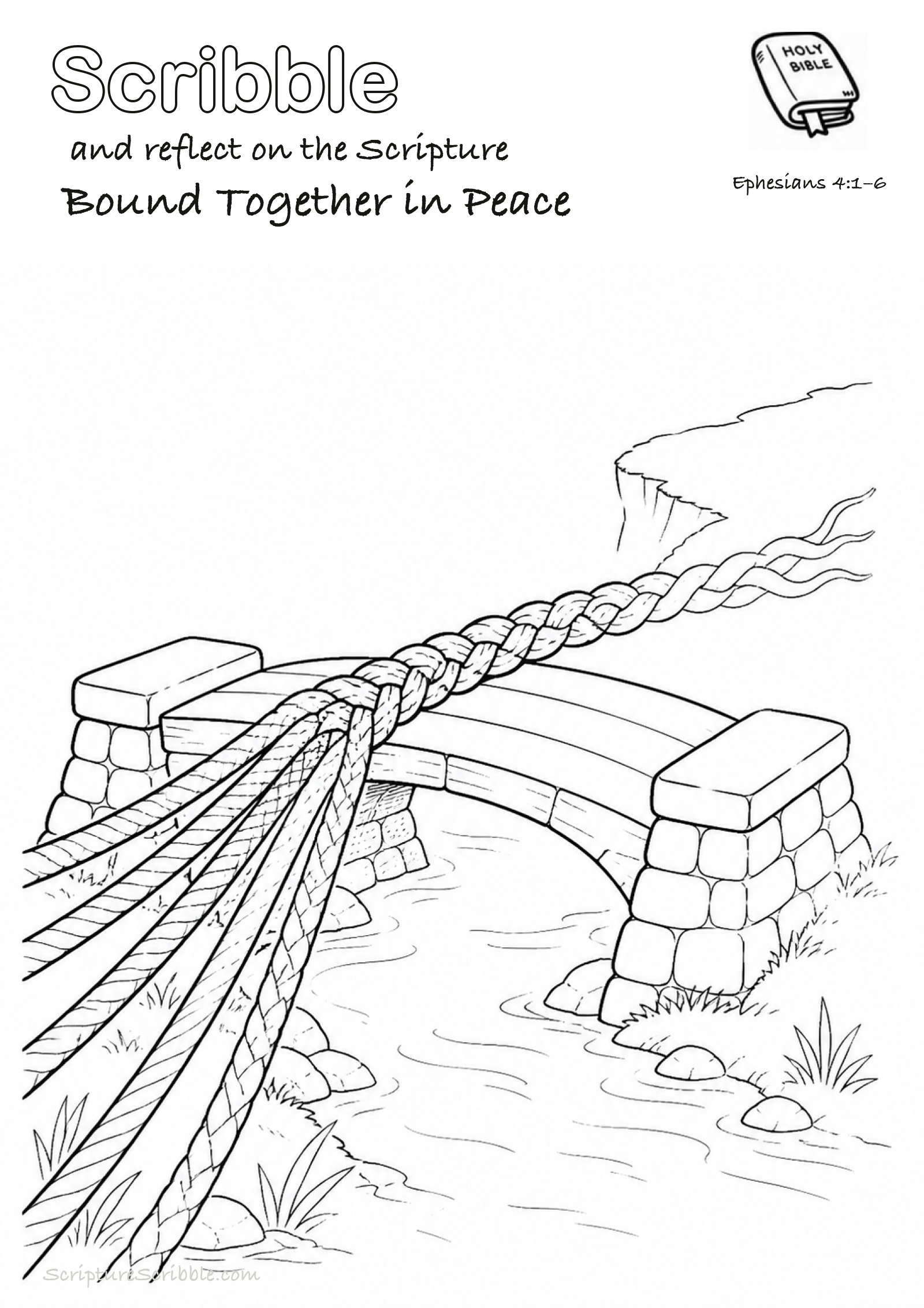 Black-and-white Ephesians 4:1–6 devotional drawing page titled Bound Together in Peace, with a branded header, Bible reference and unfinished Bible scene.