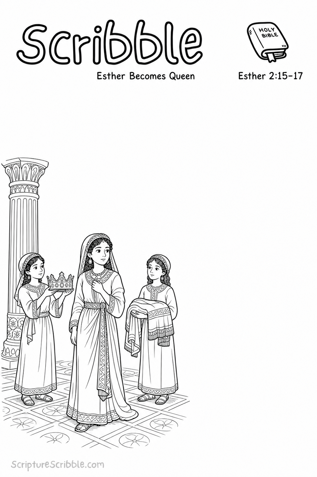 Preview of Esther 2:15–17 Esther Becomes Queen Devotional Drawing Page Printable