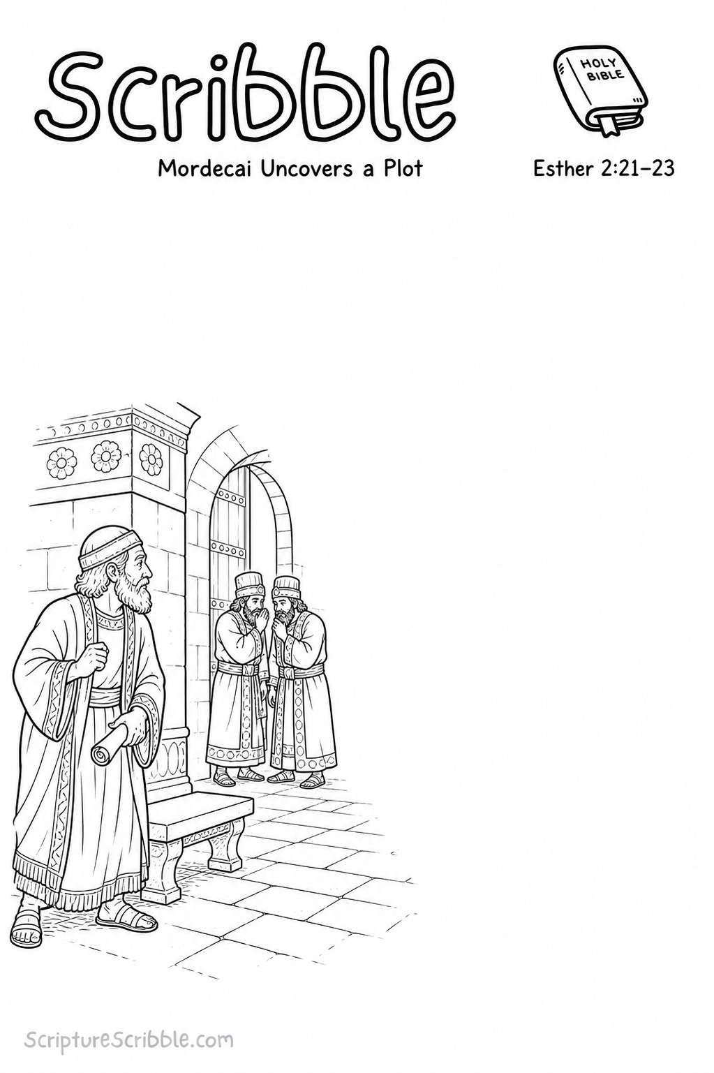 Preview of Esther 2:21–23 Mordecai Uncovers a Plot Devotional Drawing Page Printable