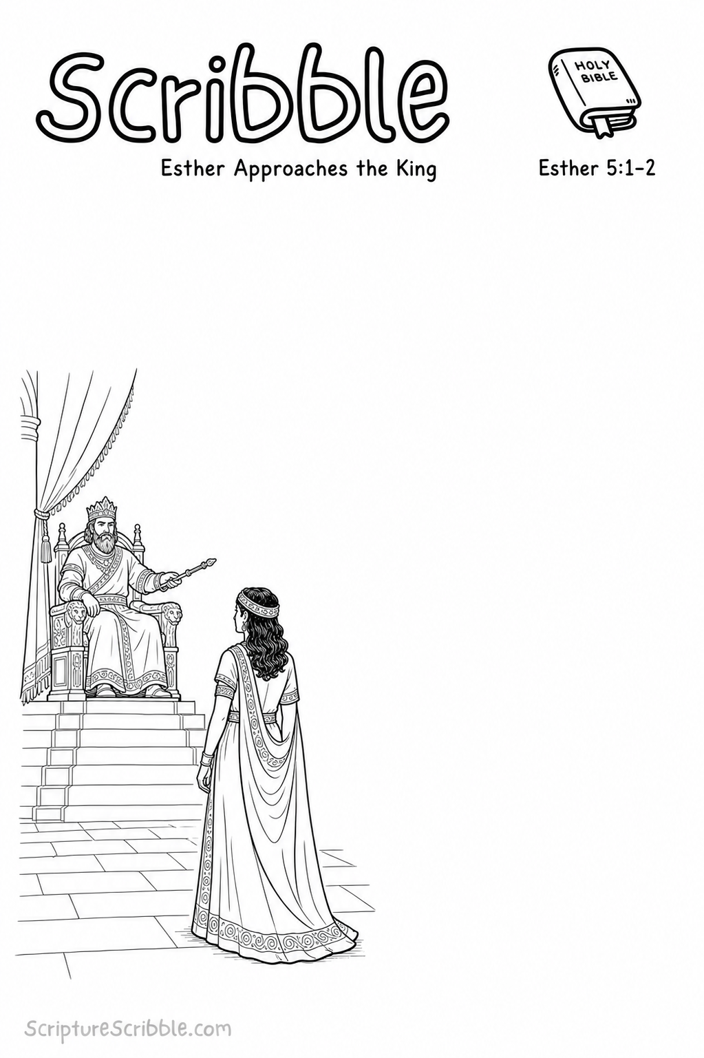 Preview of Esther 5:1–2 Esther Approaches the King Devotional Drawing Page Printable