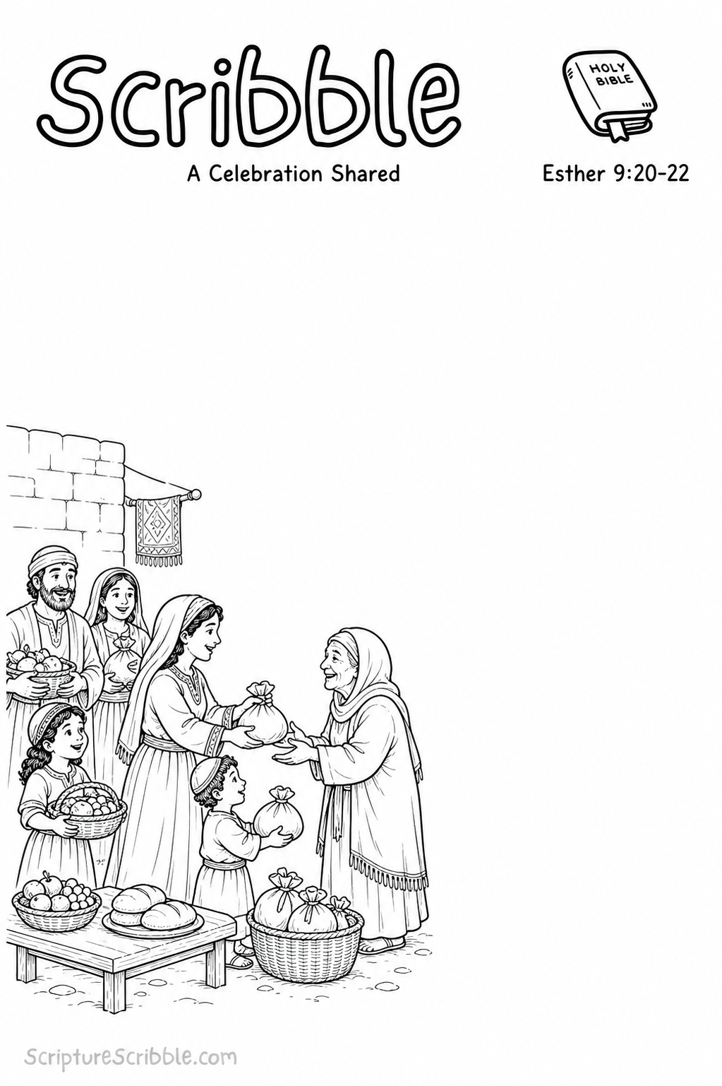 Preview of Esther 9:20–22 A Celebration Shared Devotional Drawing Page Printable