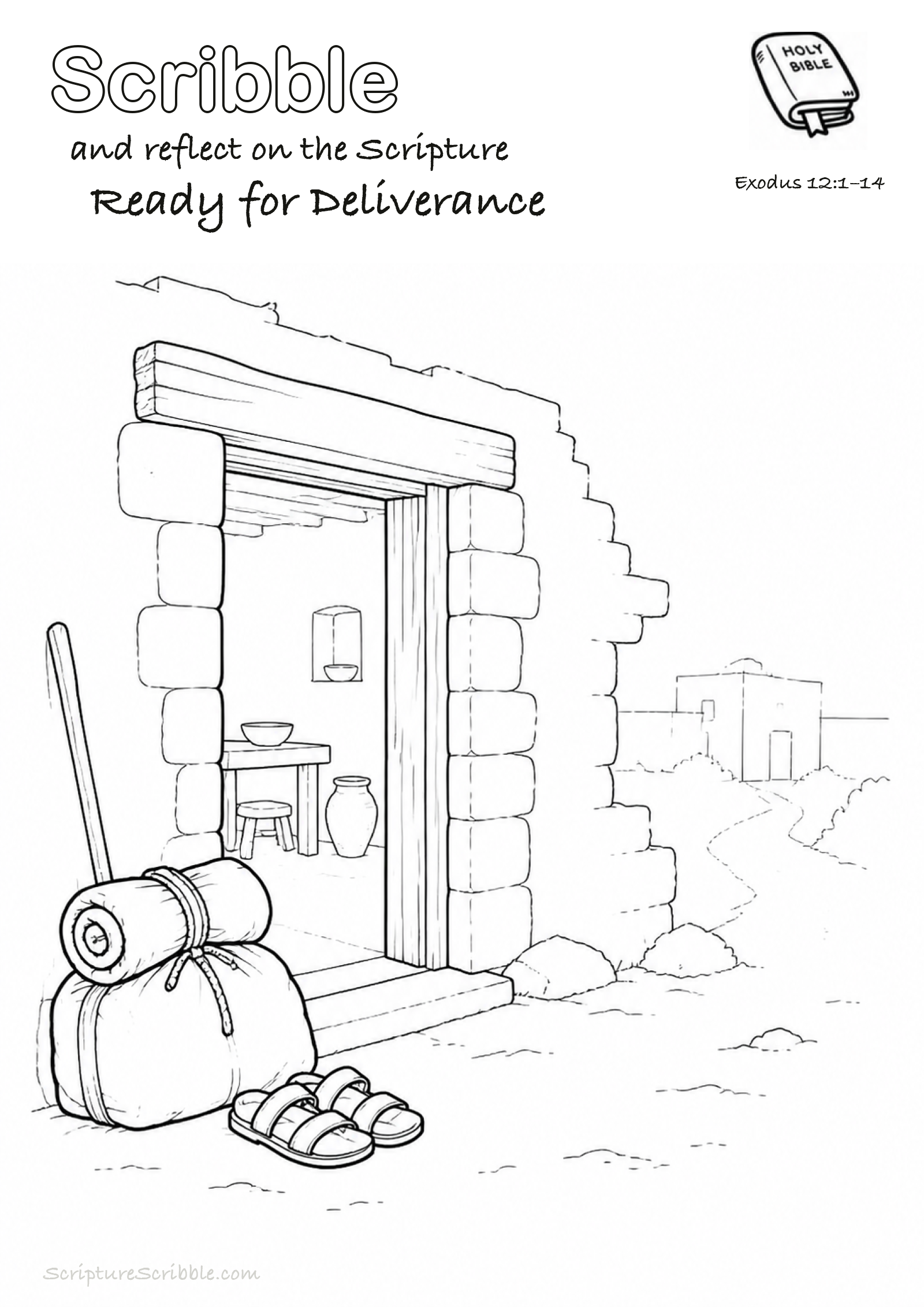 Black-and-white Exodus 12:1–14 devotional drawing page titled Ready for Deliverance, with a branded header, Bible reference and unfinished Bible scene.