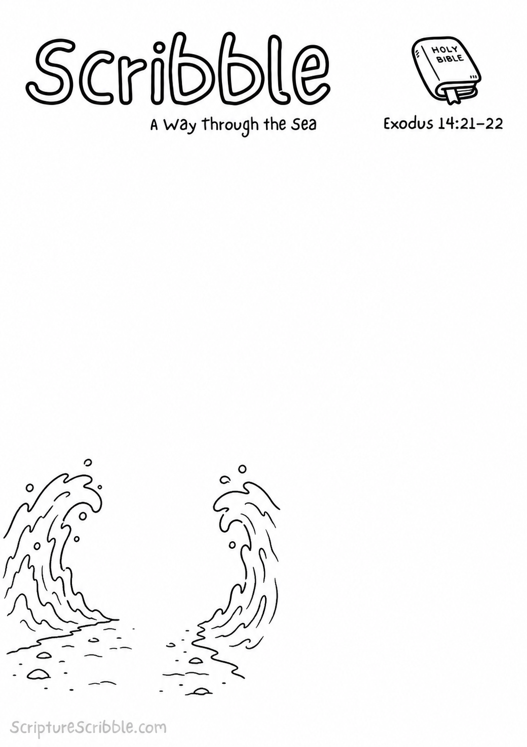 Black-and-white Exodus 14:21–22 devotional drawing printable titled A Way Through the Sea, with an incomplete parted sea and unfinished path scene to finish