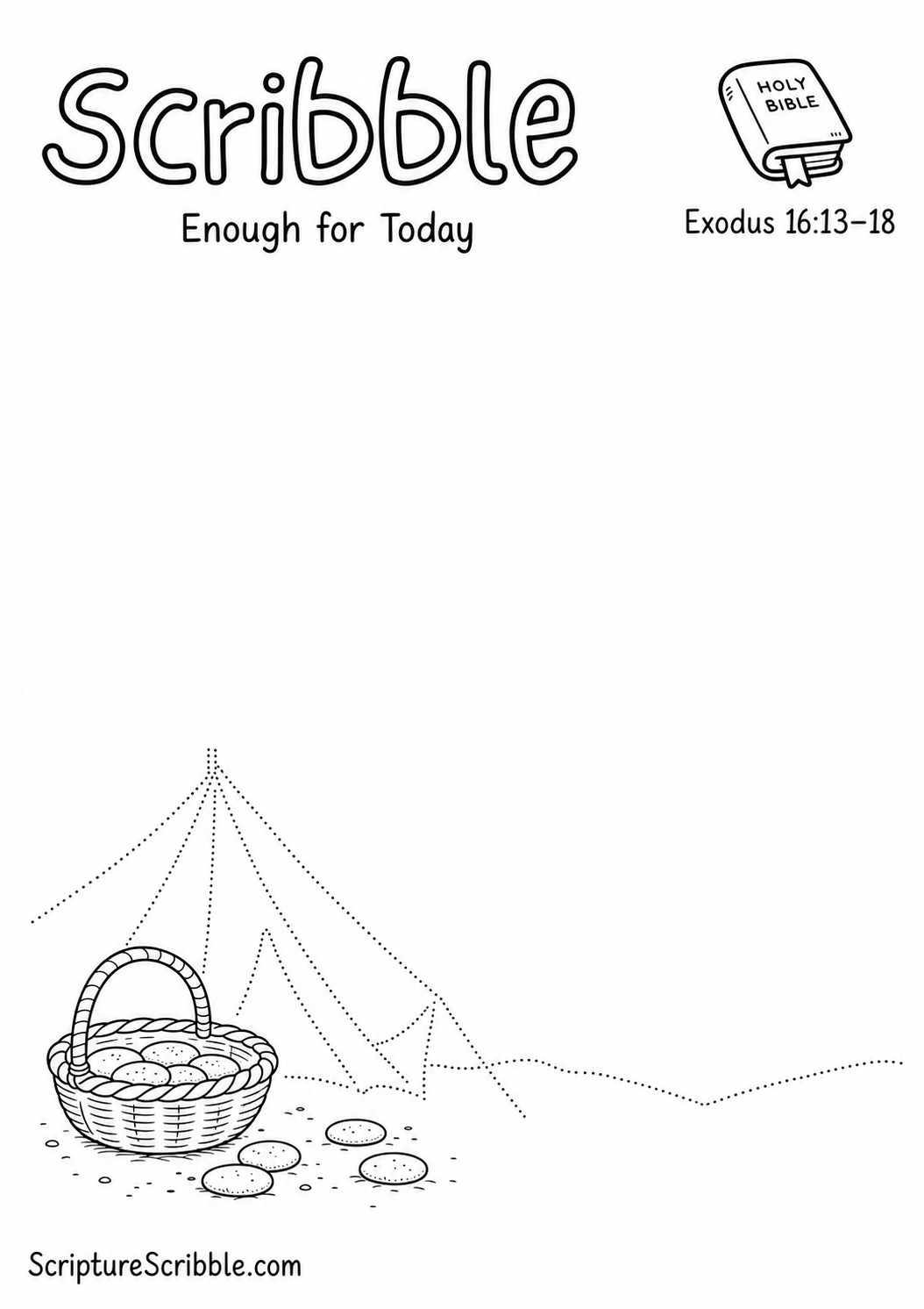 Black-and-white Exodus 16:13–18 devotional drawing printable titled Enough for Today, with an incomplete manna basket and unfinished camp scene to finish