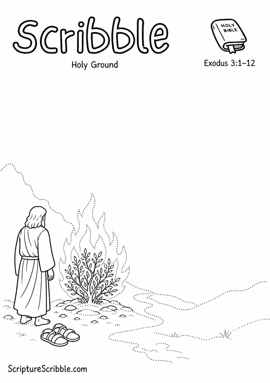 Black-and-white Exodus 3:1–12 devotional drawing printable titled Holy Ground, with an incomplete burning bush and unfinished desert path scene to finish