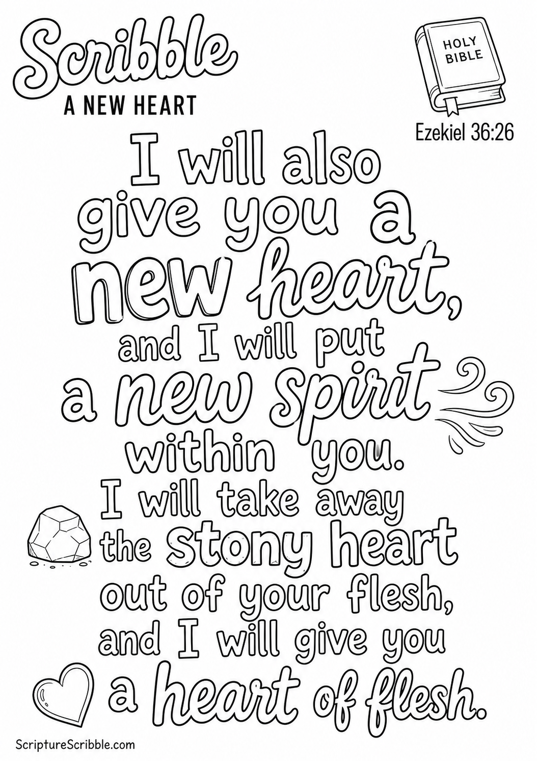Preview of Ezekiel 36:26 A New Heart Scripture Typography Colouring Page Printable