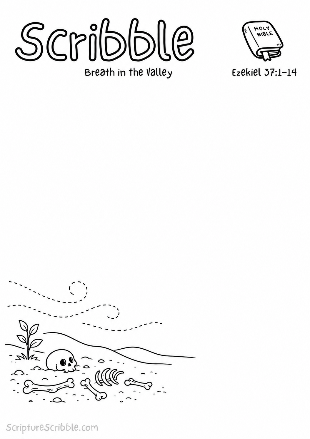 Black-and-white Ezekiel 37:1–14 devotional drawing printable titled Breath in the Valley, with an incomplete dry valley, bones and unfinished wind scene to finish