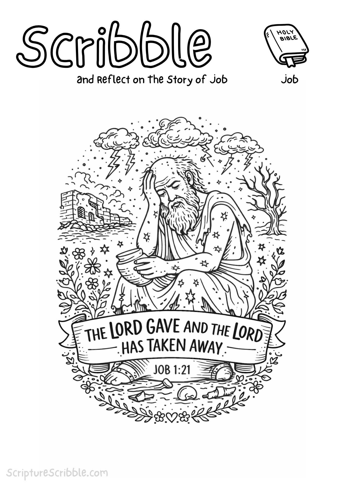 Printable reflection and drawing activity for Faith Through Suffering: Job Bible Story Coloring Page & Reflection Printable for Kids, based on Job 1:21