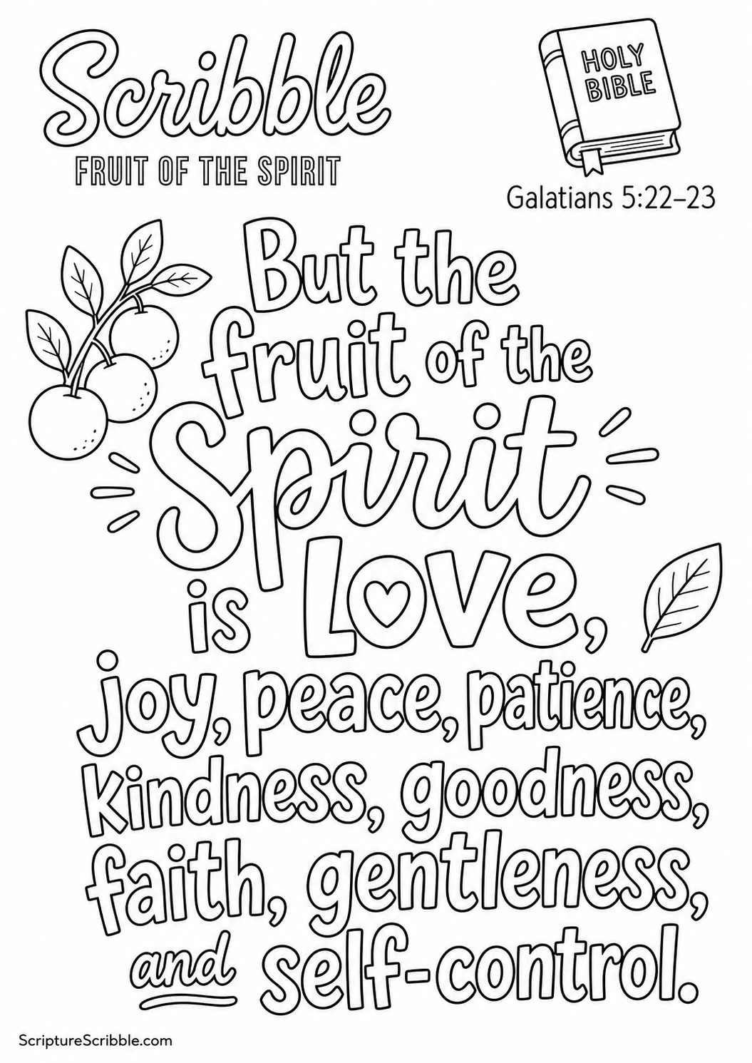 Preview of Galatians 5:22–23 Fruit of the Spirit Scripture Typography Colouring Page Printable