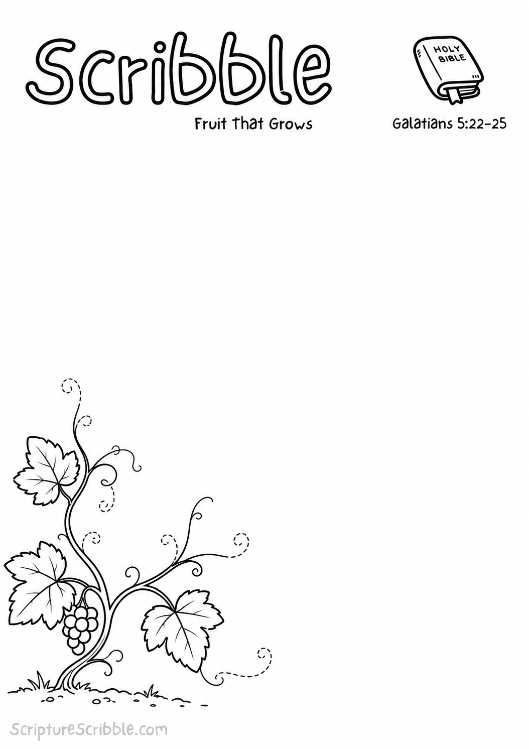 Black-and-white Galatians 5:22–25 devotional drawing printable titled Fruit That Grows, with an incomplete grapevine with unfinished branches and fruit scene to finish