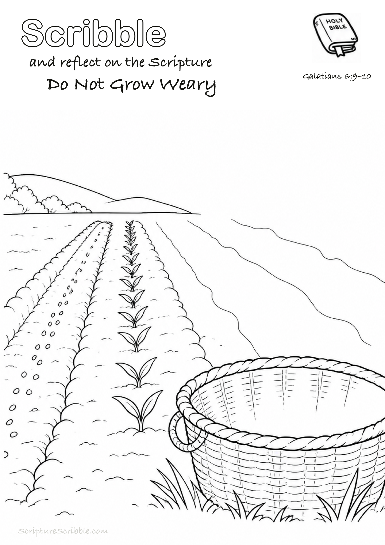 Black-and-white Galatians 6:9–10 devotional drawing page titled Do Not Grow Weary, with a branded header, Bible reference and unfinished Bible scene.