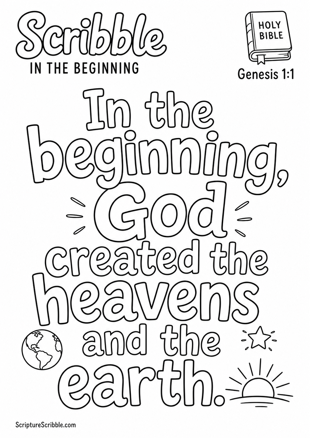 Black-and-white Genesis 1:1 Scripture typography colouring page with the verse in large, clear outlined lettering.