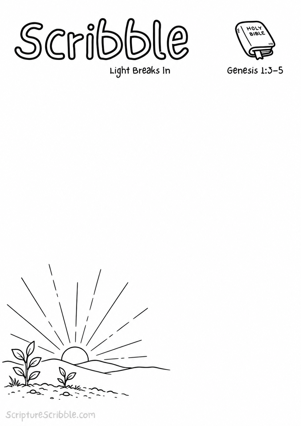 Black-and-white Genesis 1:3–5 devotional drawing printable titled Light Breaks In, with an incomplete sunrise and emerging plants scene to finish