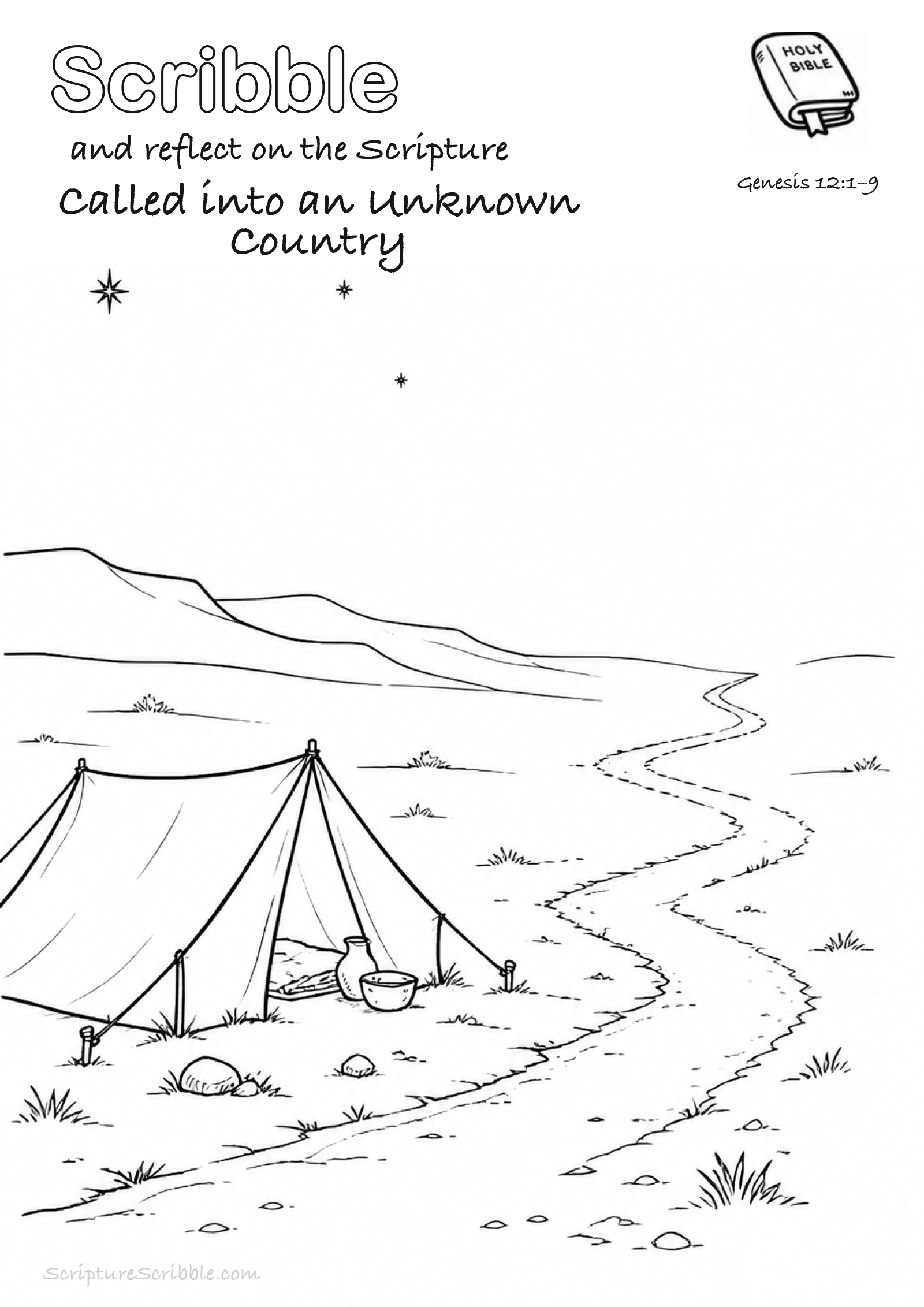 Black-and-white Genesis 12:1–9 devotional drawing page titled Called into an Unknown Country, with a branded header, Bible reference and unfinished Bible scene.