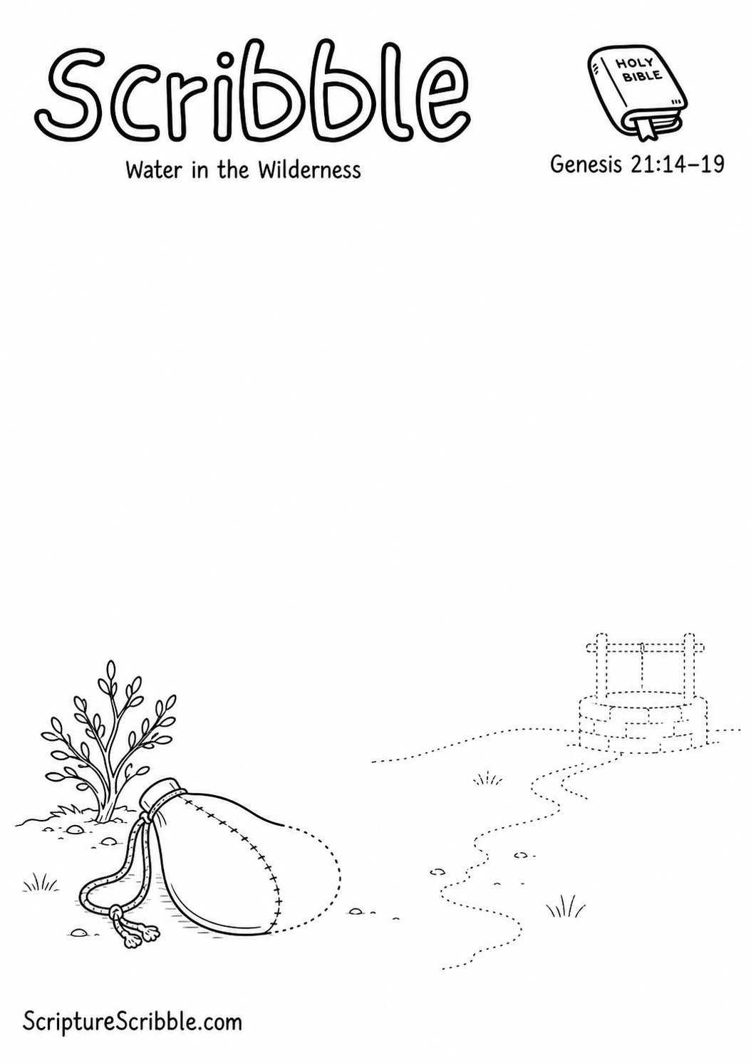 Black-and-white Genesis 21:14–19 devotional drawing printable titled Water in the Wilderness, with an incomplete water skin, shrub and unfinished well scene to finish