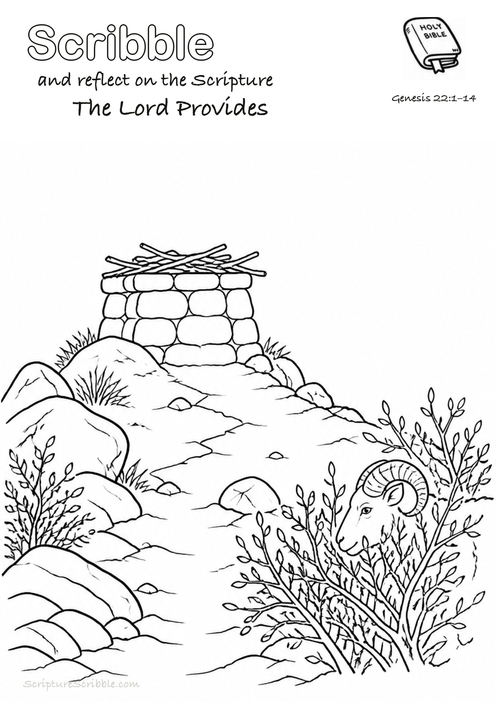 Black-and-white Genesis 22:1–14 devotional drawing page titled The Lord Provides, with a branded header, Bible reference and unfinished Bible scene.