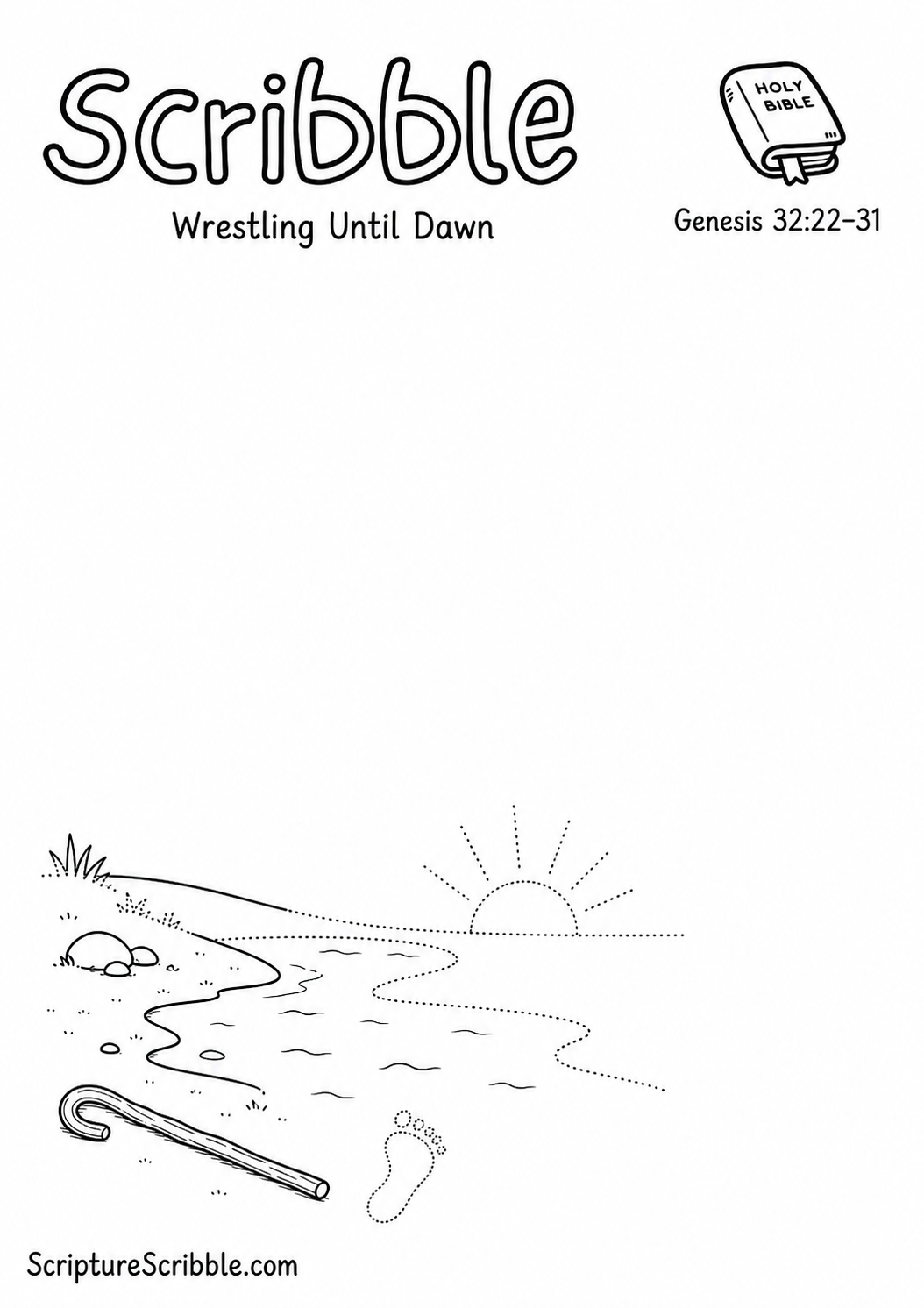 Black-and-white Genesis 32:22–31 devotional drawing printable titled Wrestling Until Dawn, with an incomplete riverbank, staff and unfinished sunrise scene to finish