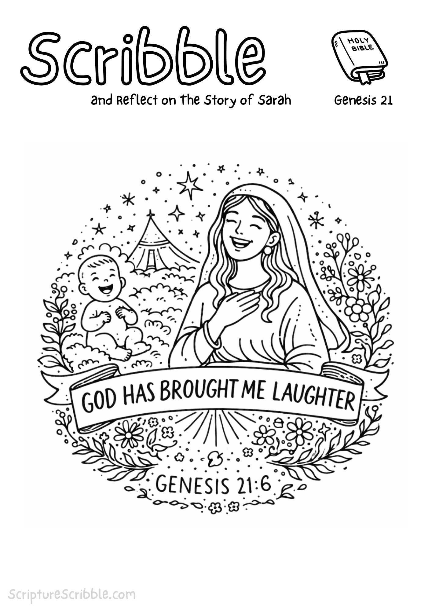 Printable reflection and drawing activity for God Has Brought Me Laughter: Sarah Bible Story Coloring Page & Genesis 21:6 Reflection Printable