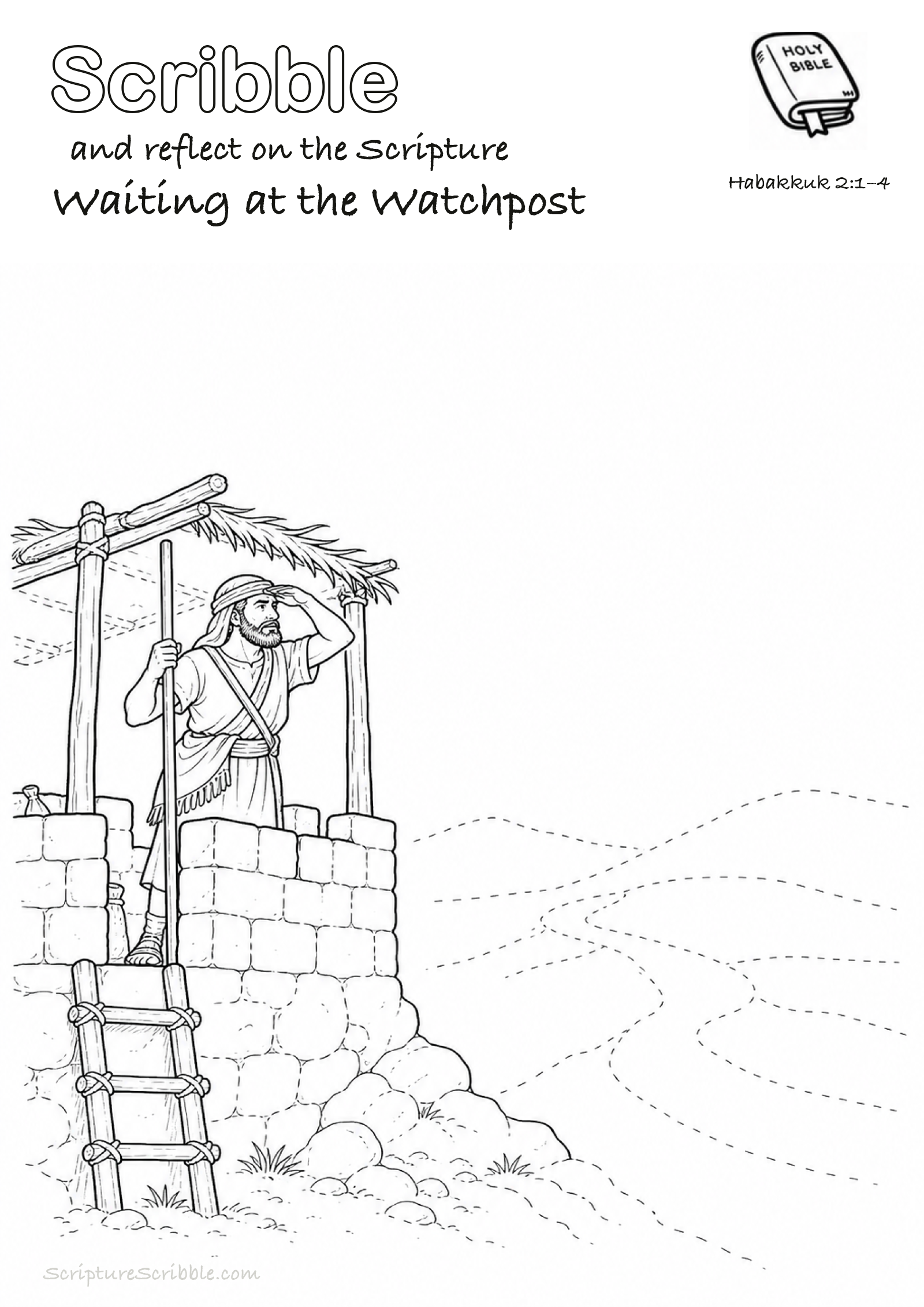 Preview of Habakkuk 2:1–4 Waiting at the Watchpost Devotional Drawing Page Printable
