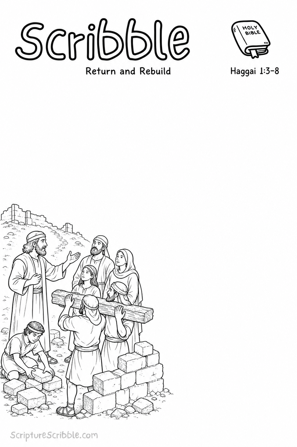 Preview of Haggai 1:3–8 Return and Rebuild Devotional Drawing Page Printable