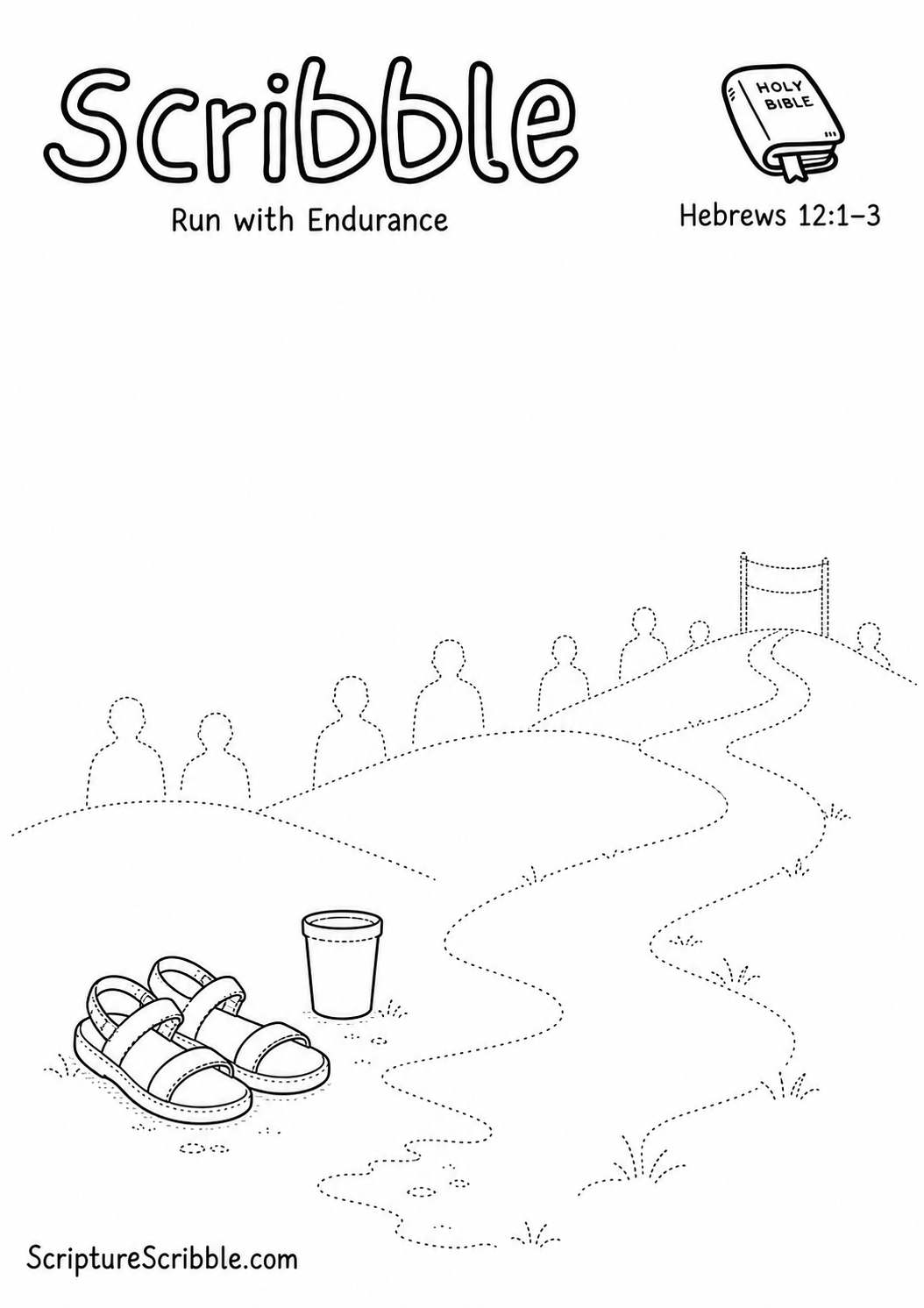 Black-and-white Hebrews 12:1–3 devotional drawing printable titled Run with Endurance, with an incomplete running sandals and unfinished track scene to finish