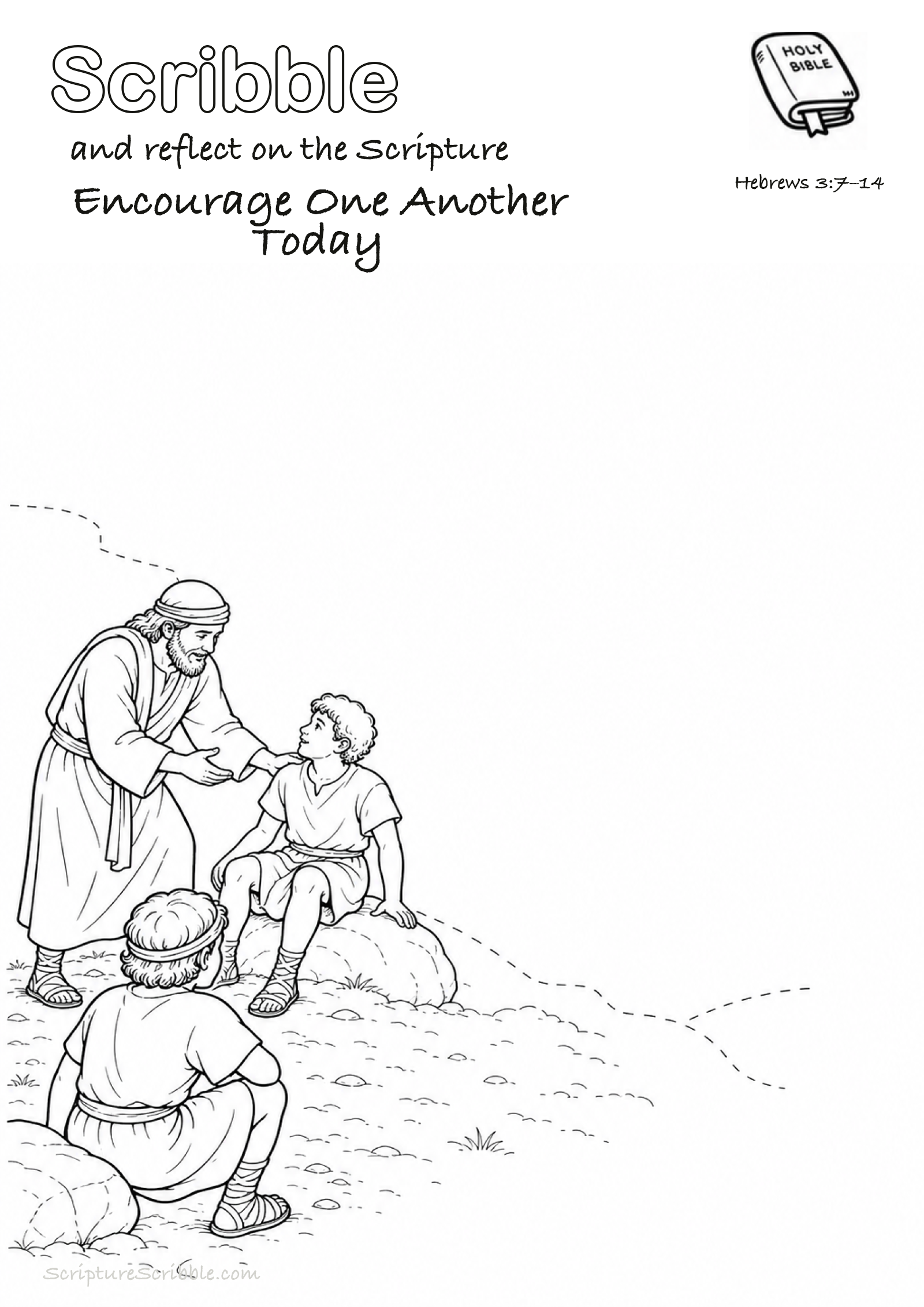 Black-and-white Hebrews 3:7–14 devotional drawing page titled Encourage One Another Today, with a branded header, Bible reference and unfinished Bible scene.