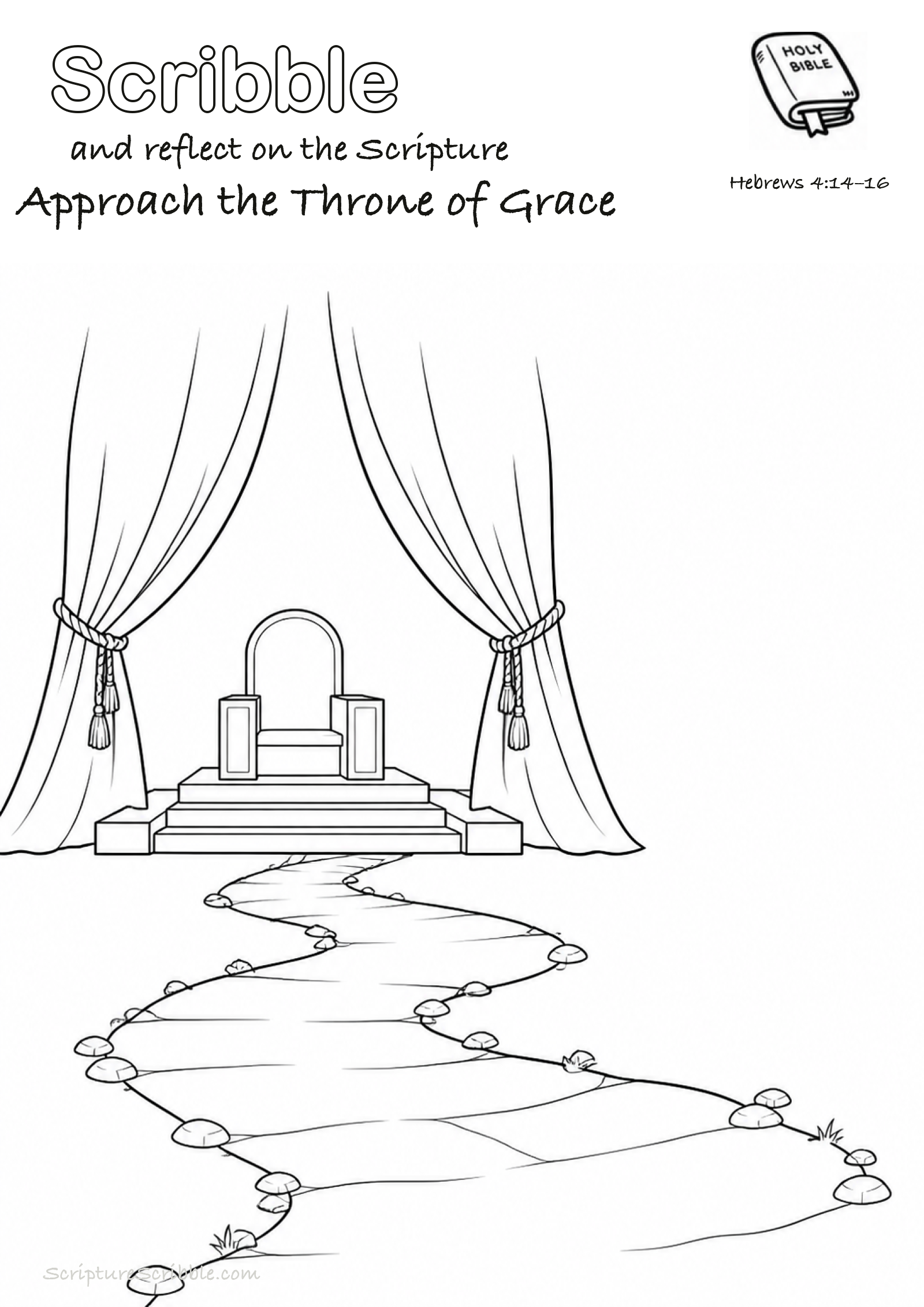 Black-and-white Hebrews 4:14–16 devotional drawing page titled Approach the Throne of Grace, with a branded header, Bible reference and unfinished Bible scene.