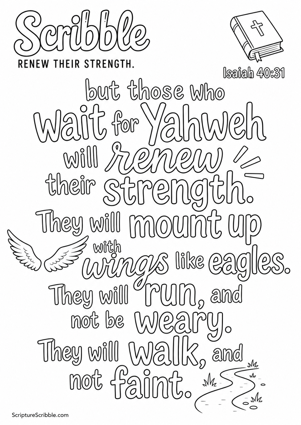 Black-and-white Isaiah 40:31 Scripture typography colouring page with the verse in large, clear outlined lettering.