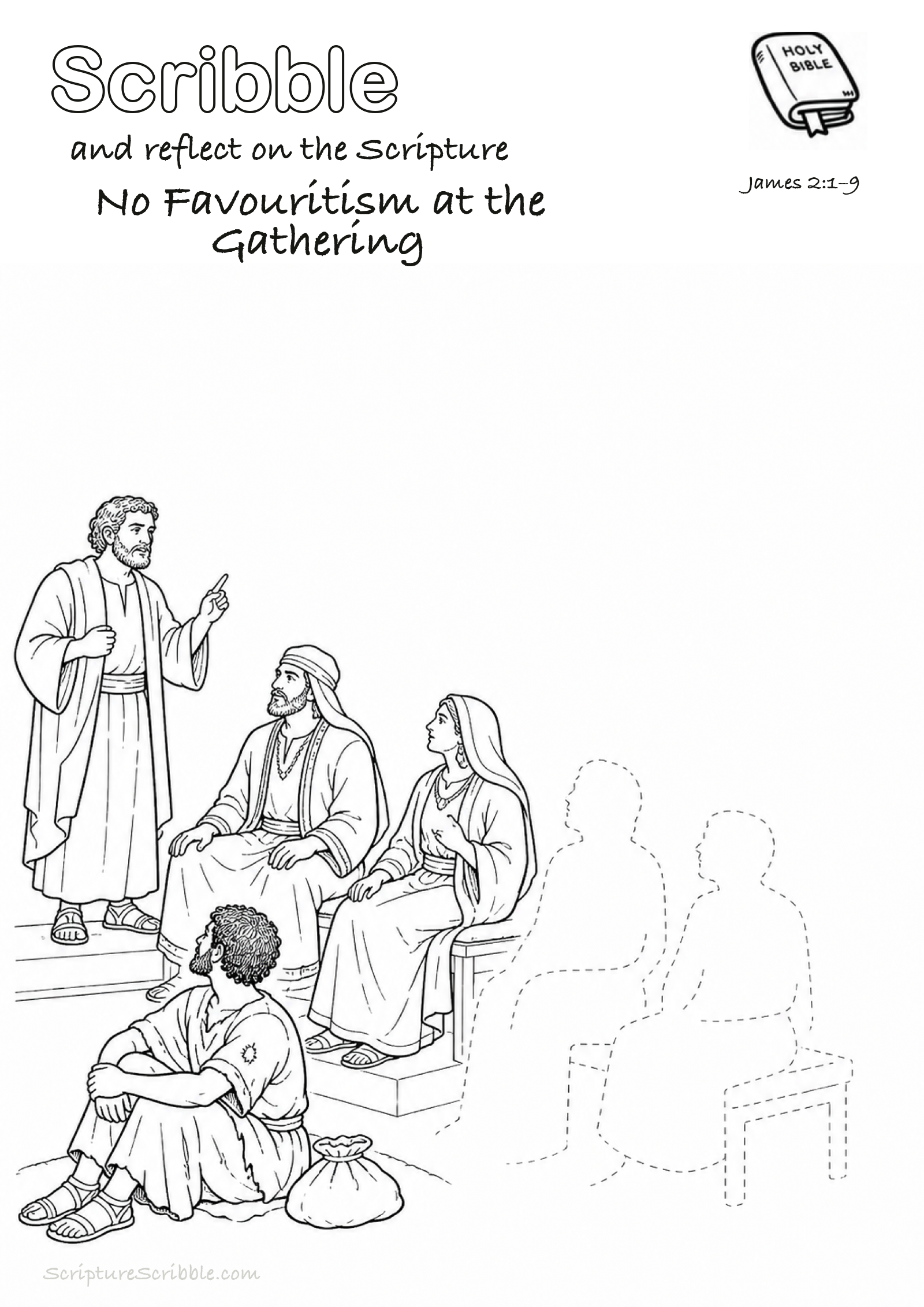 Preview of James 2:1–9 No Favouritism at the Gathering Devotional Drawing Page Printable