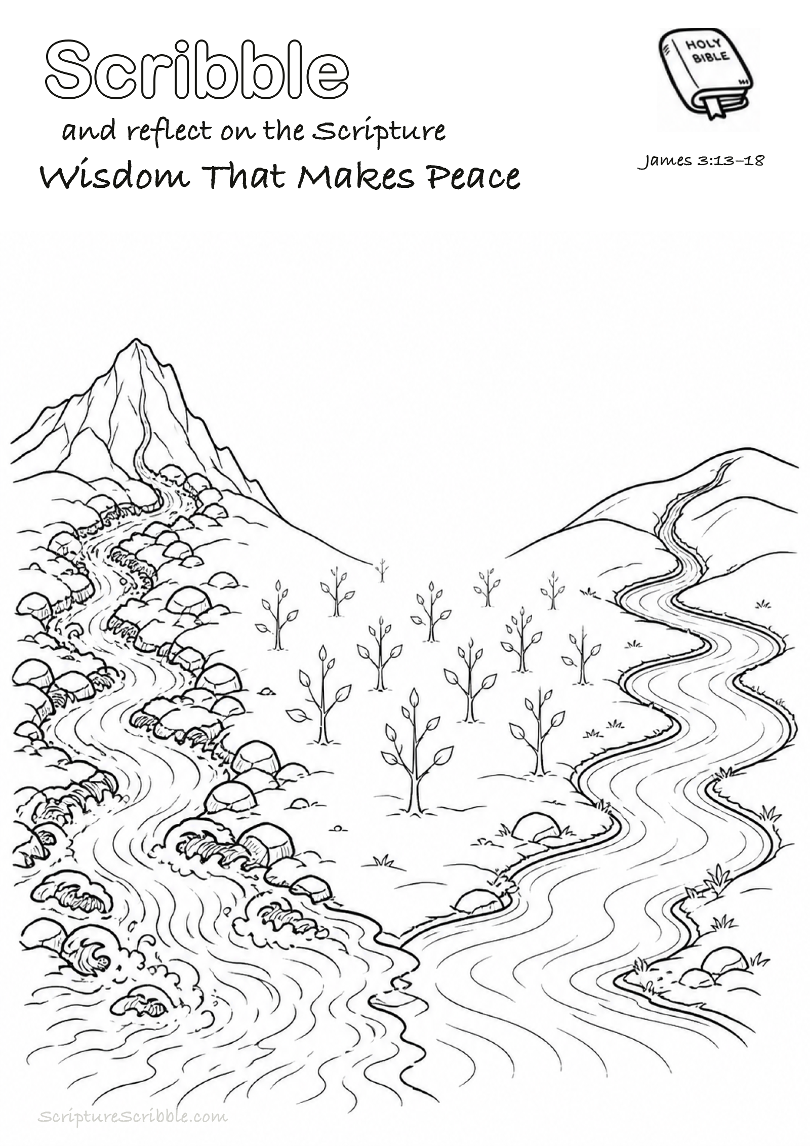 Black-and-white James 3:13–18 devotional drawing page titled Wisdom That Makes Peace, with a branded header, Bible reference and unfinished Bible scene.