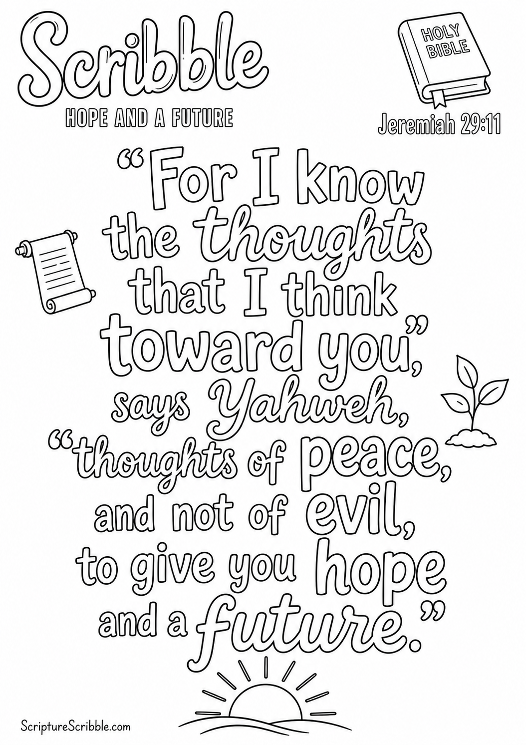 Preview of Jeremiah 29:11 Hope and a Future Scripture Typography Colouring Page Printable