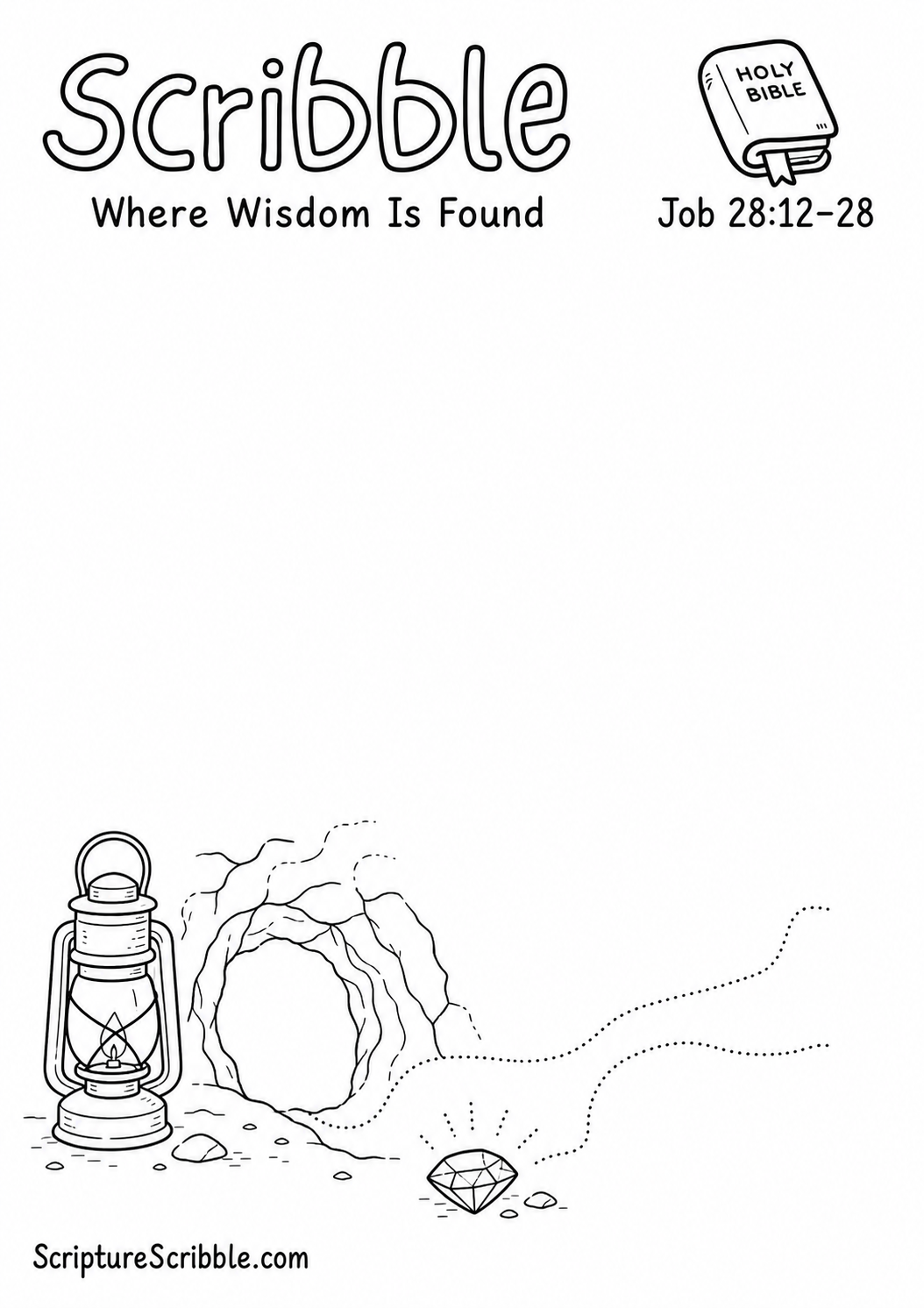 Black-and-white Job 28:12–28 devotional drawing printable titled Where Wisdom Is Found, with an incomplete miner lamp, cave and unfinished underground path scene to finish