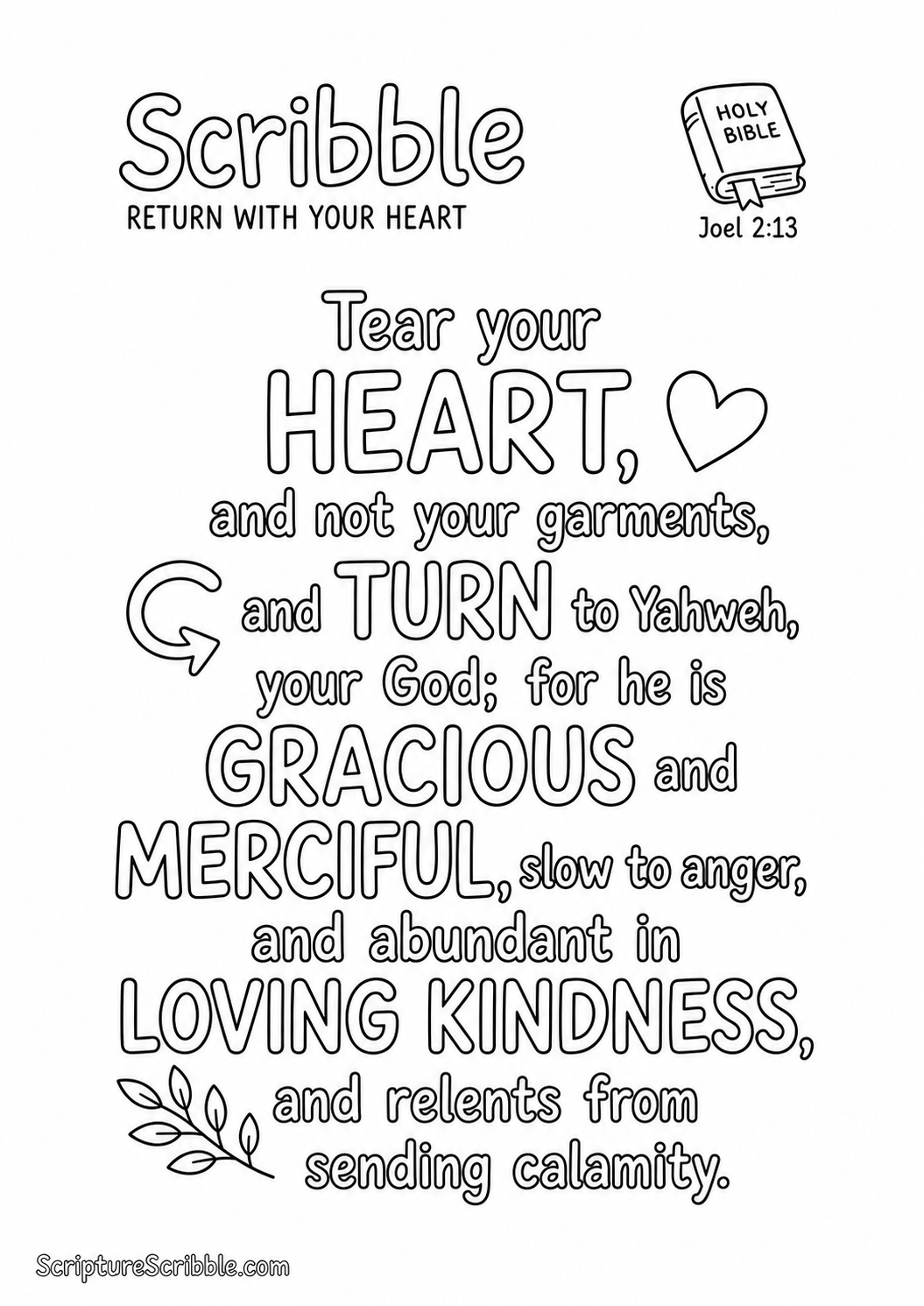 Preview of Joel 2:13 Return With Your Heart Scripture Typography Colouring Page Printable