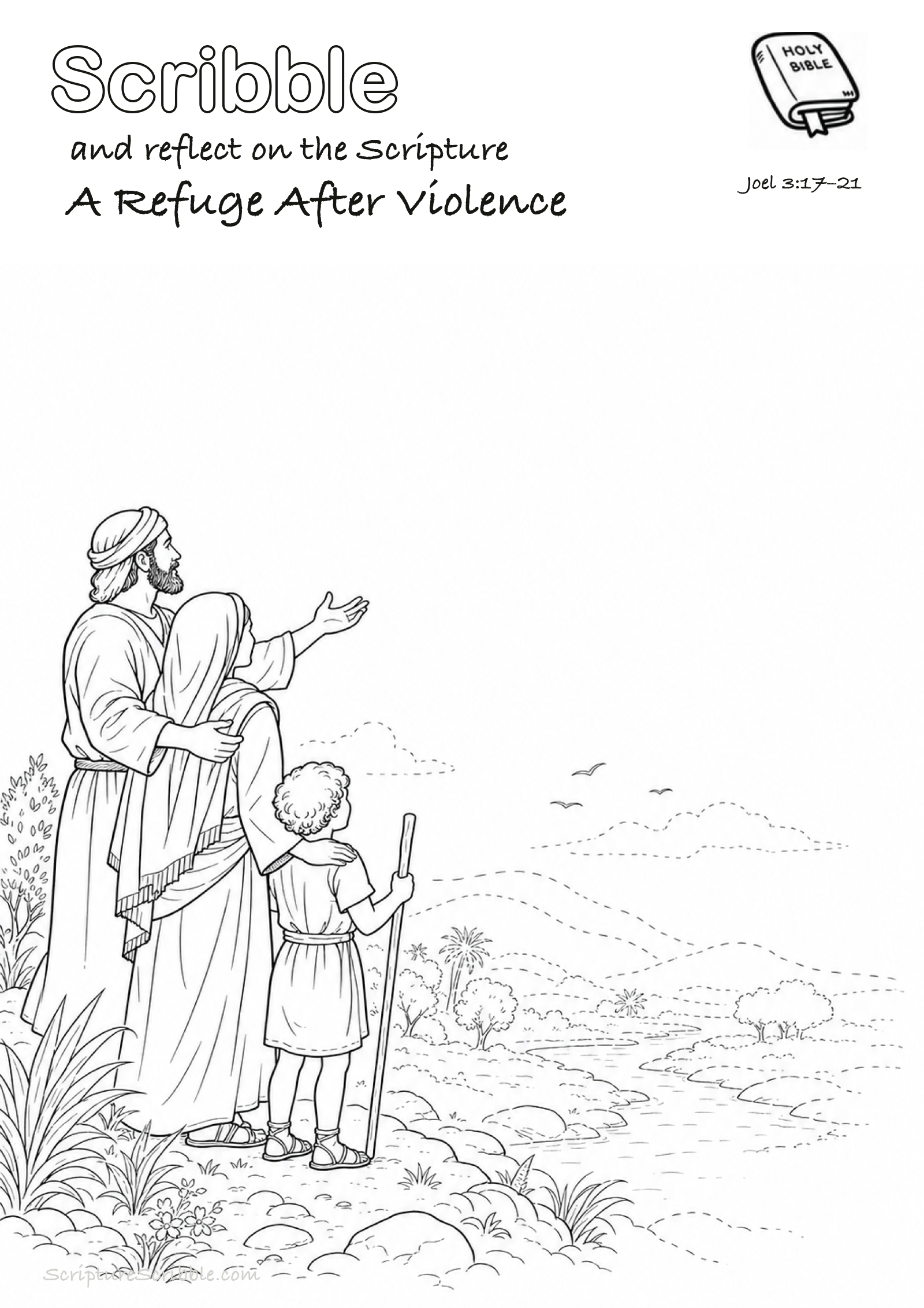 Preview of Joel 3:17–21 A Refuge After Violence Devotional Drawing Page Printable
