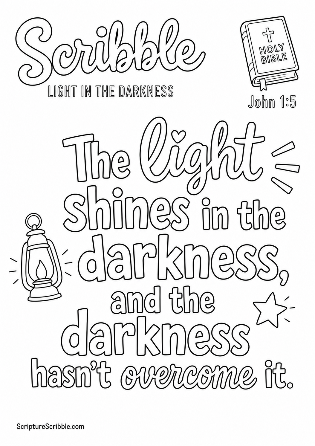 Preview of John 1:5 Light in the Darkness Scripture Typography Colouring Page Printable