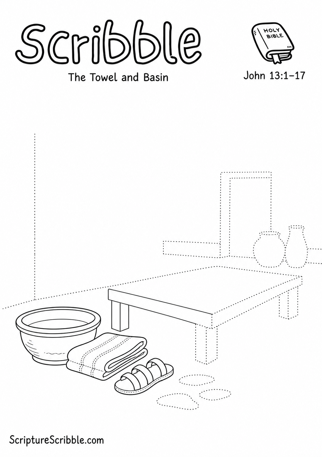 Black-and-white John 13:1–17 devotional drawing printable titled The Towel and Basin, with an incomplete basin, towel and unfinished room scene to finish