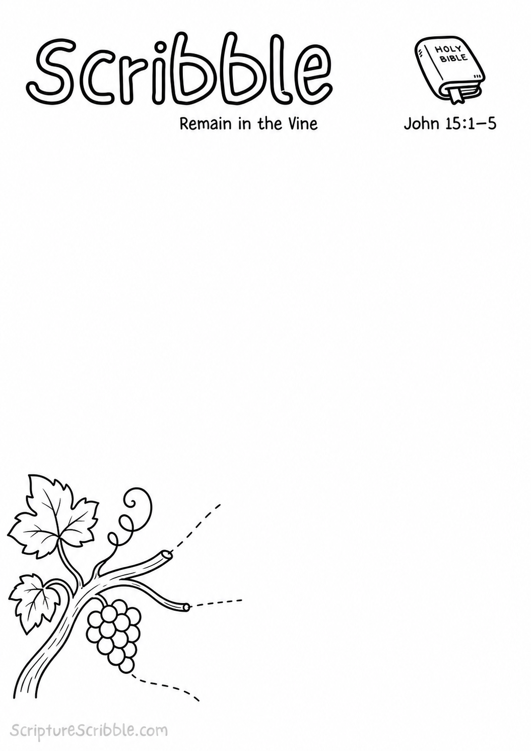 Black-and-white John 15:1–5 devotional drawing printable titled Remain in the Vine, with an incomplete vine branch and unfinished tendrils scene to finish