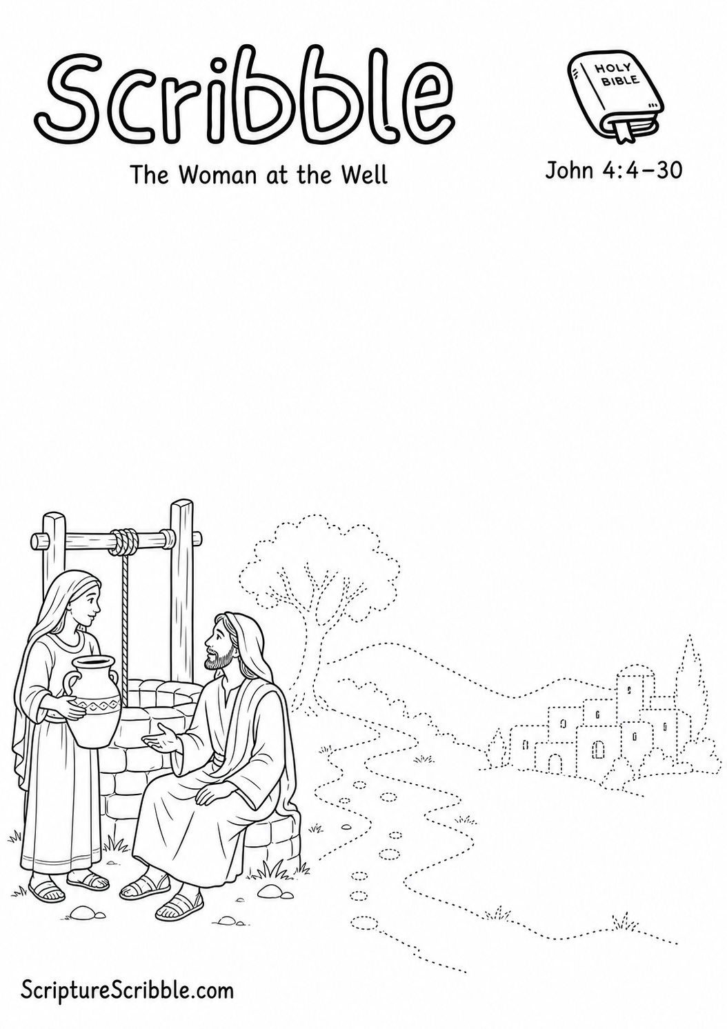Black-and-white John 4:4–30 Scribble printable showing Jesus and the Samaritan woman speaking beside a well with an unfinished town road.